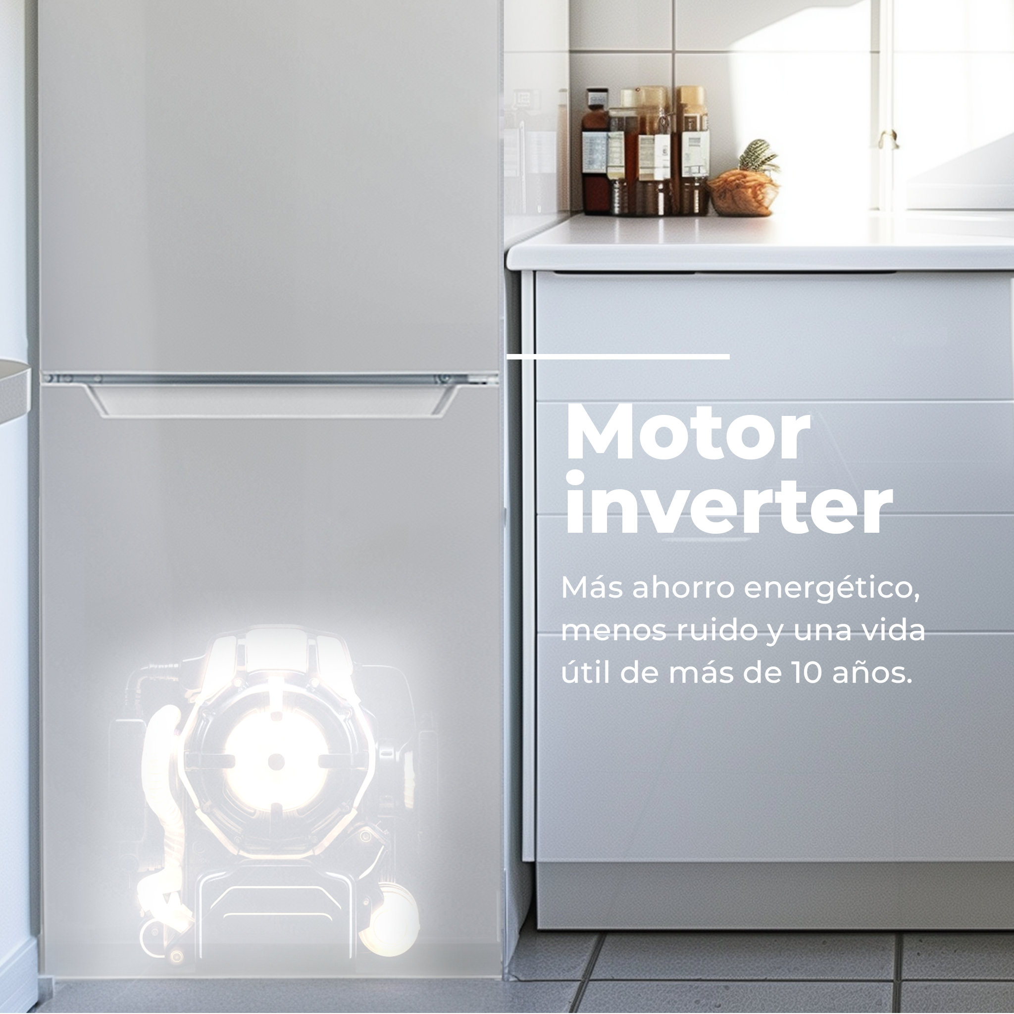 Refrigerador con imagen brillante del motor superpuesta, junto a un gabinete blanco. Texto visible.