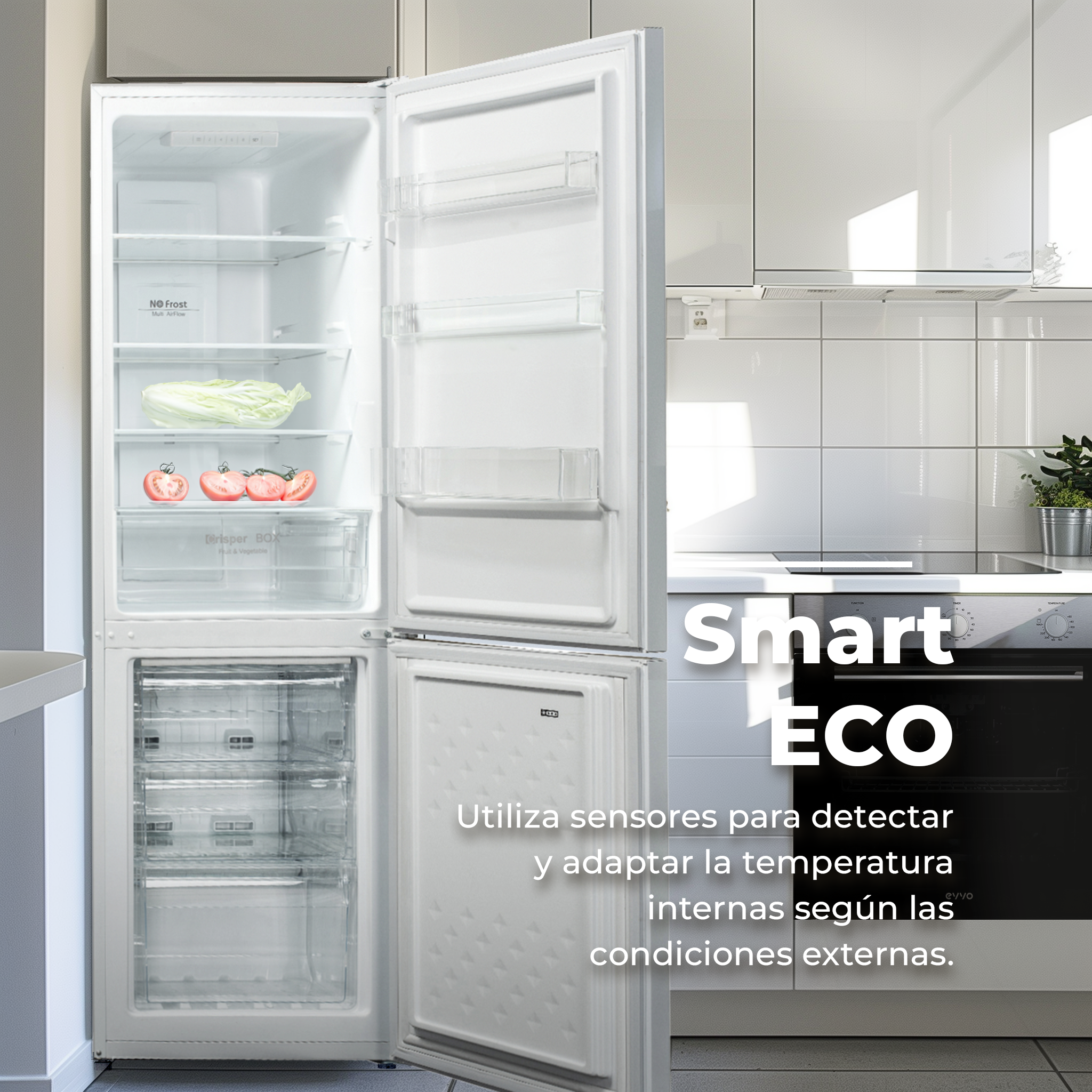 Refrigerador blanco abierto con estantes con verduras. Texto: 'Smart ECO' y detalles sobre sensores de temperatura.