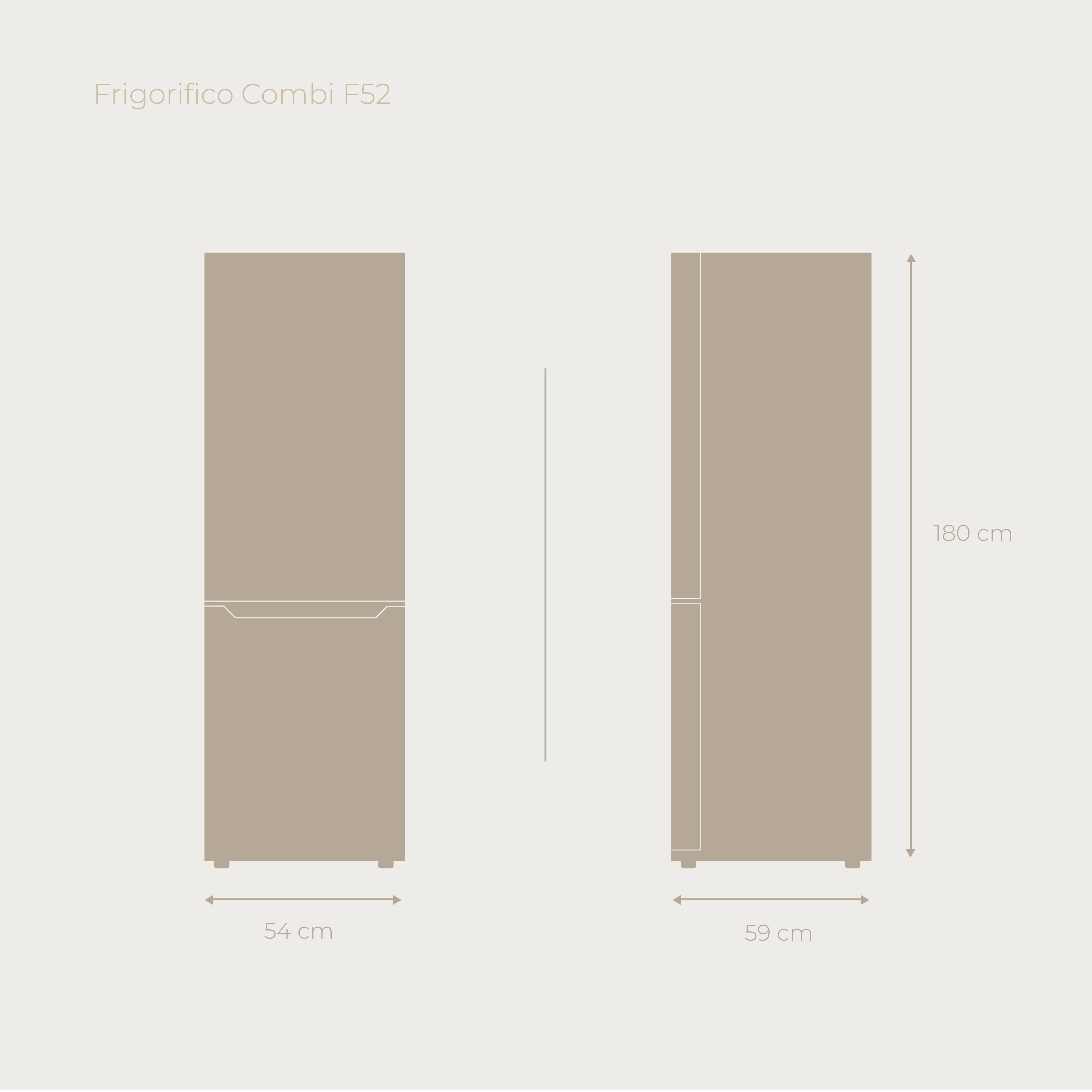 Dos refrigeradores beige lado a lado, con dimensiones. Una vista frontal, una de perfil.
