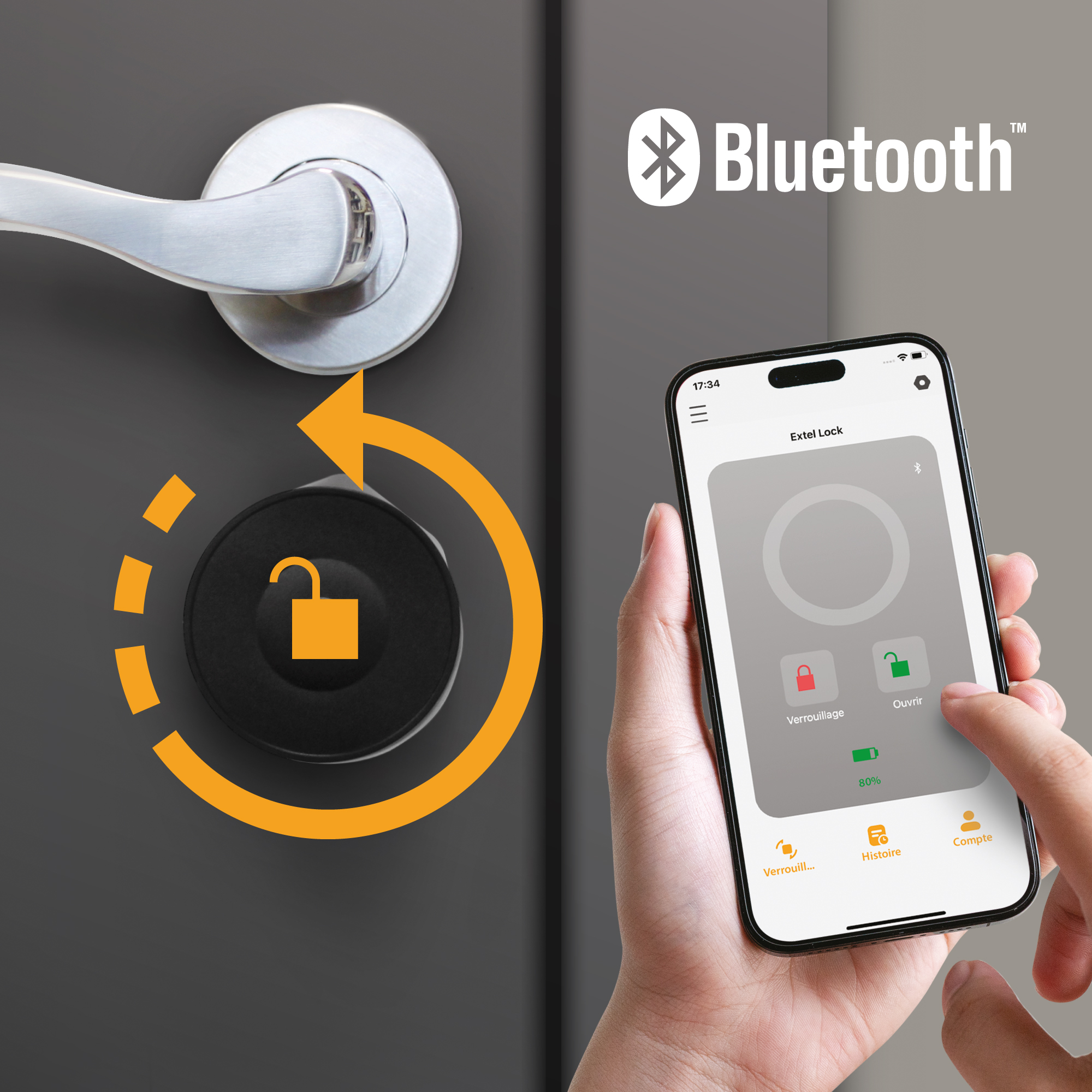 Cerradura de puerta inteligente con control por smartphone. Una mano sostiene un teléfono, mostrando una app para desbloquear la puerta.