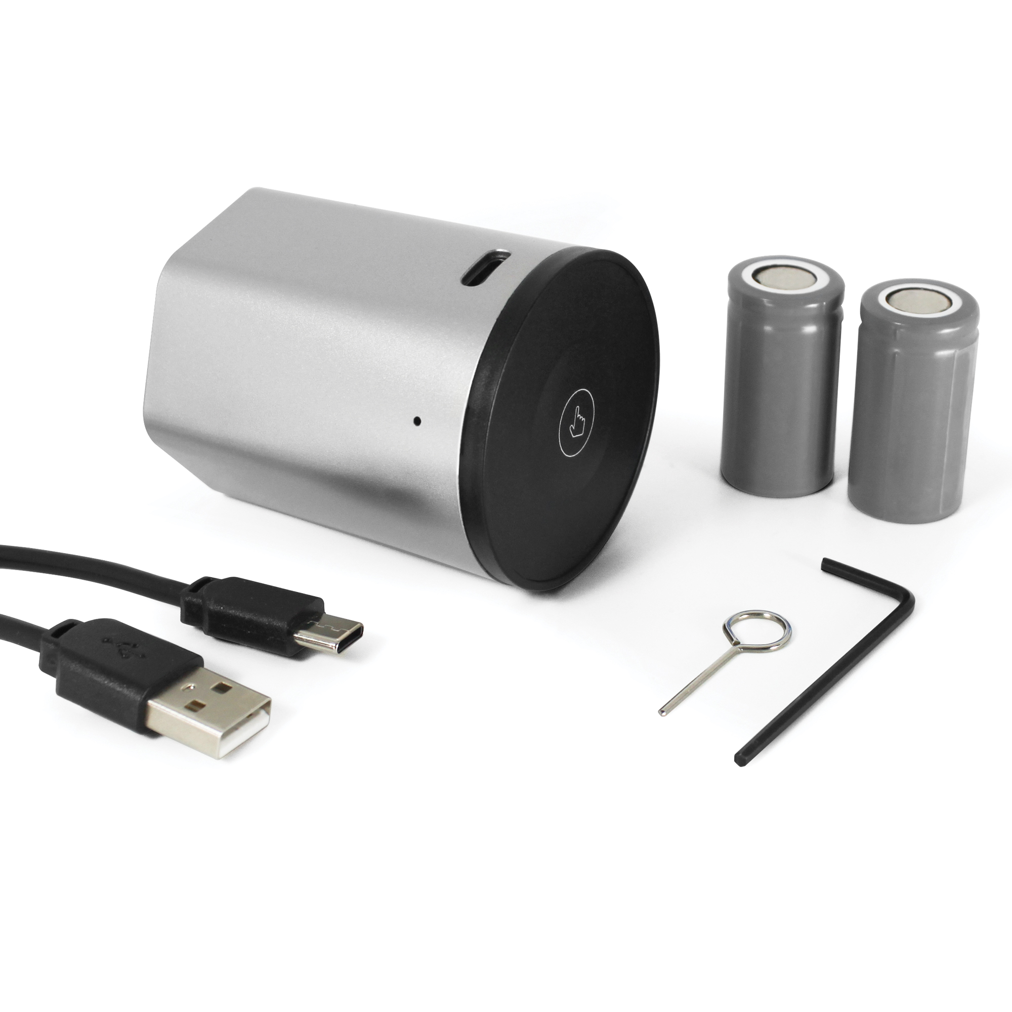 Un bloqueo inteligente Extel, pilas, cable USB y herramientas sobre una superficie blanca.