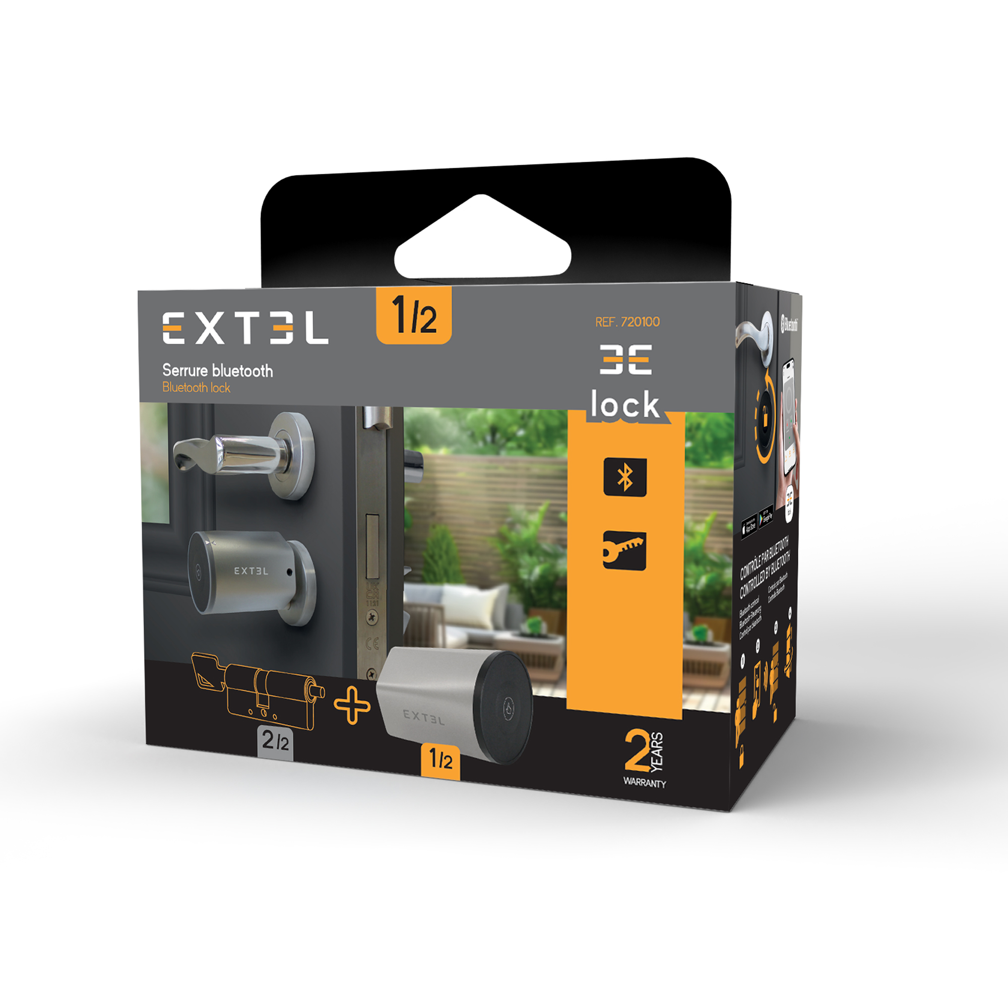 Embalaje de cerradura inteligente Extel que muestra cerradura, llave y escena al aire libre, con texto y marca.