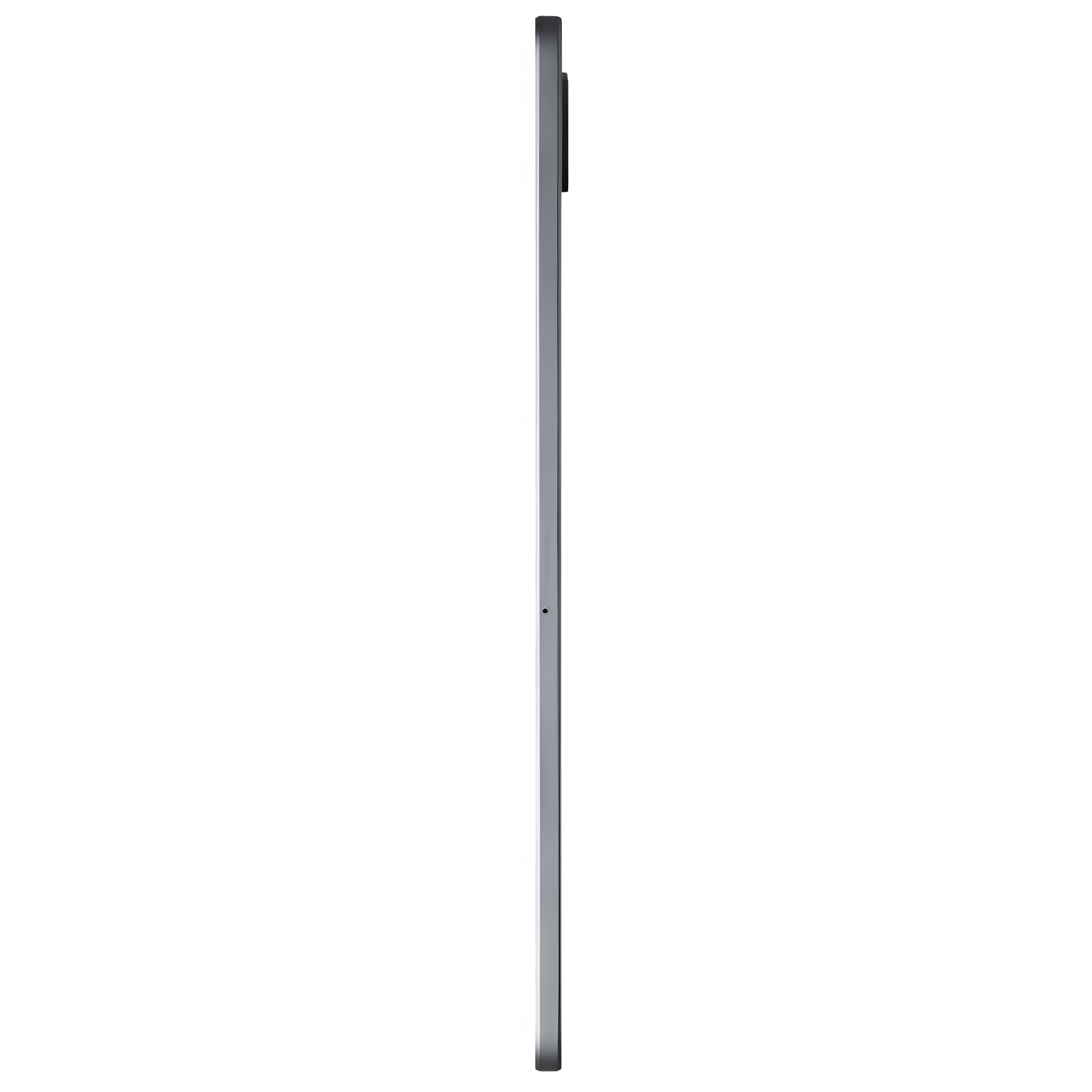 Ein silbernes Tablet-Seitenprofil vor schwarzem Hintergrund, das einen dünnen Rand und eine Kameraausbuchtung zeigt.