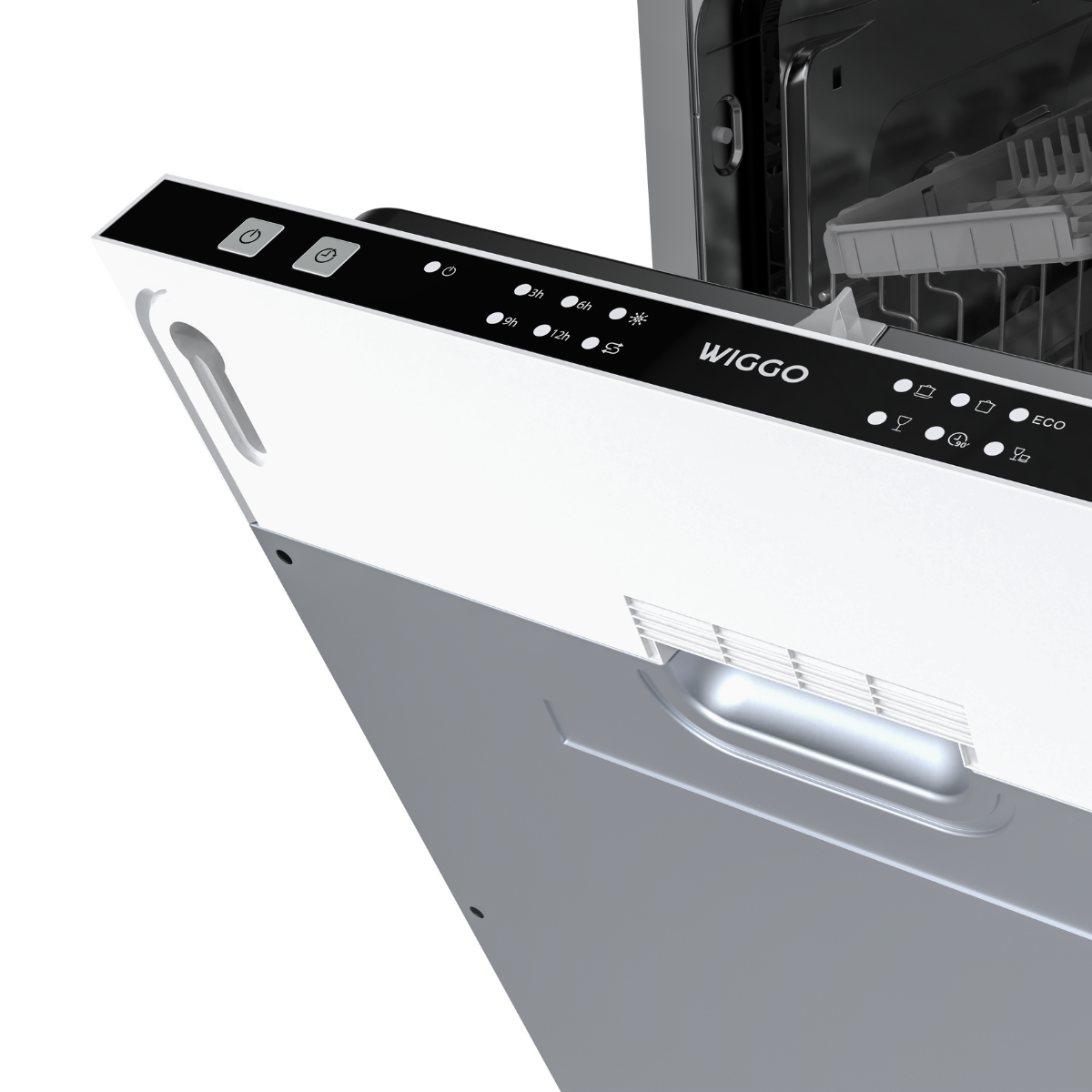 A white dishwasher with a black control panel. Open door shows racks inside. Buttons and the brand name 'WIGGO' are visible.