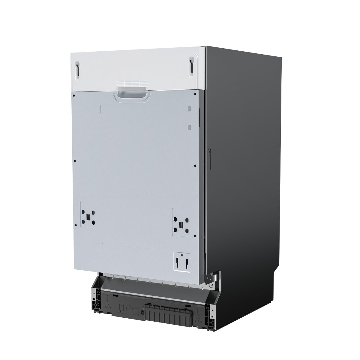 A dishwasher back view. It has a light gray door and a black side. Various components and a vent are visible.