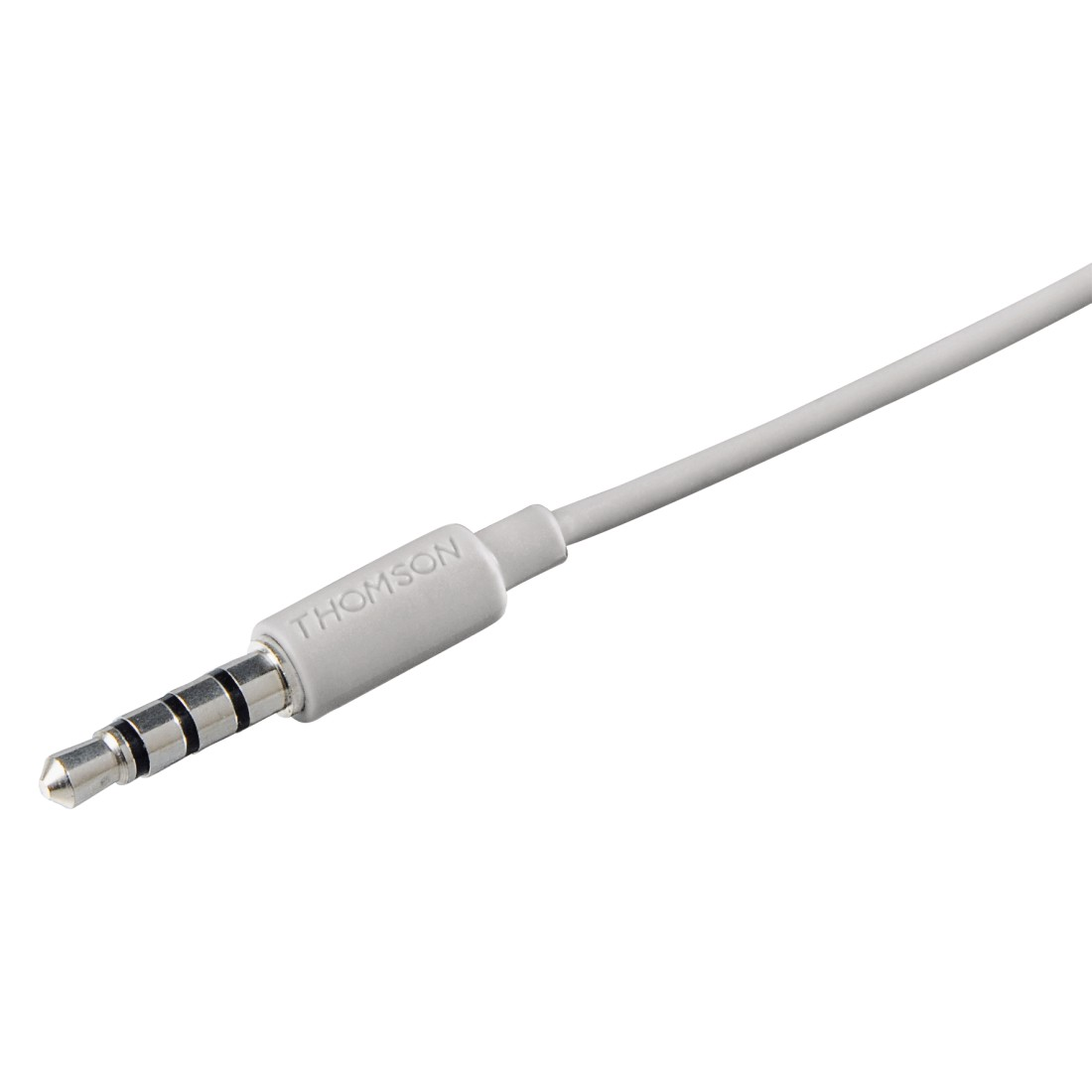 Close-up van een zilveren Thomson-jackconnector. De jack zit aan een witte kabel.