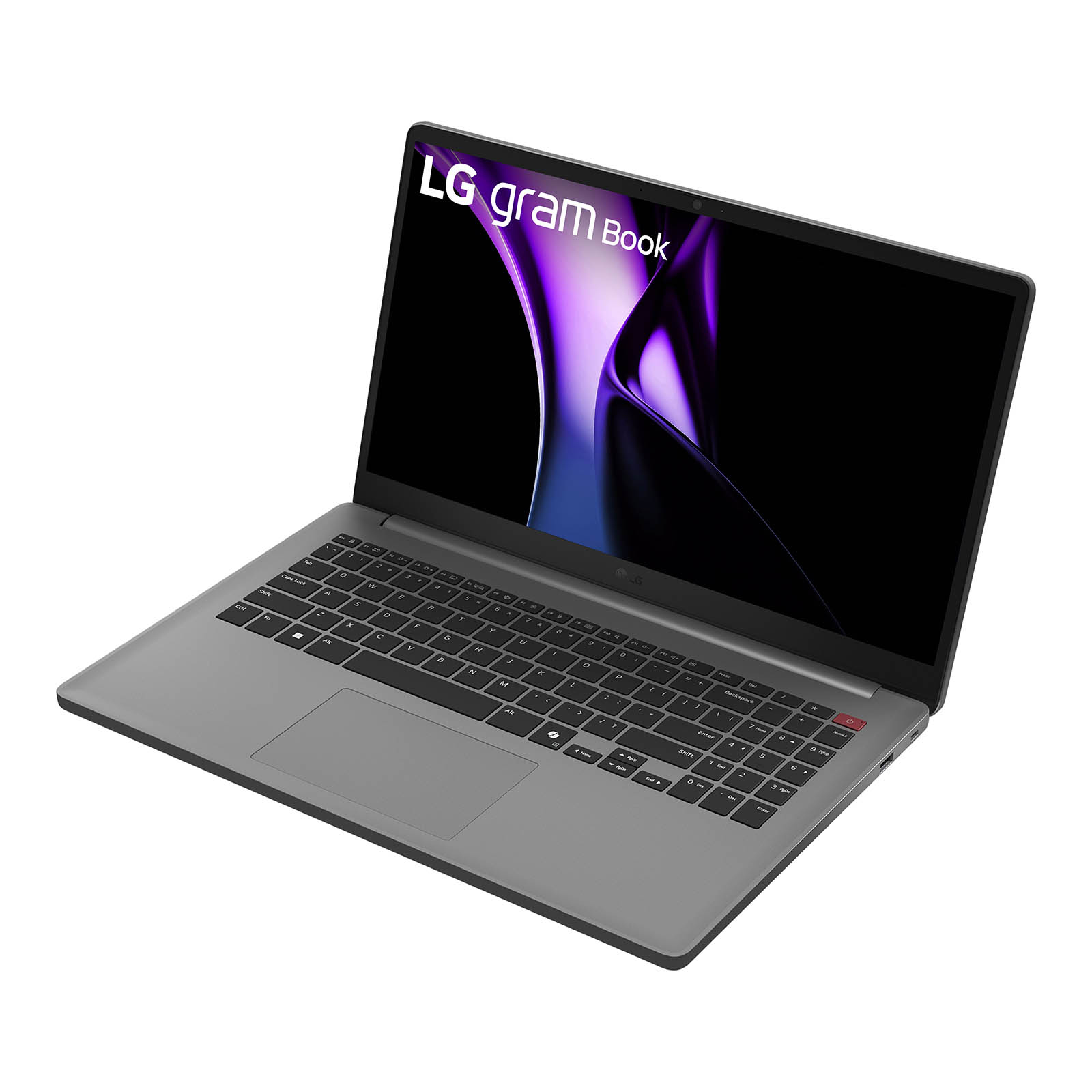Un laptop LG gram Book è aperto su sfondo bianco. Lo schermo mostra un'immagine astratta viola e nera.