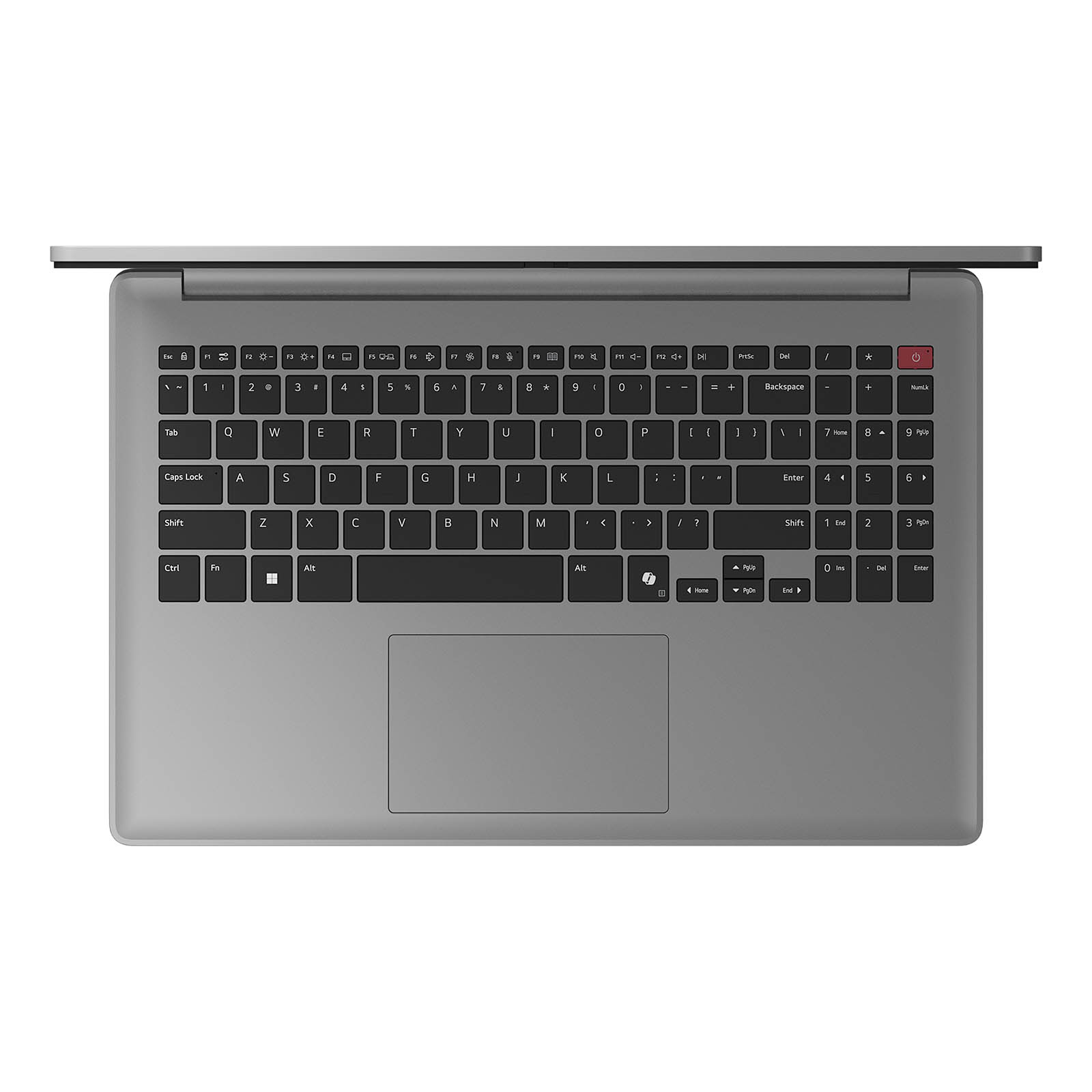 Vista della tastiera del laptop. I tasti sono grigi, il pulsante di accensione è rosso e c'è un ampio touchpad. Il layout è centrato.