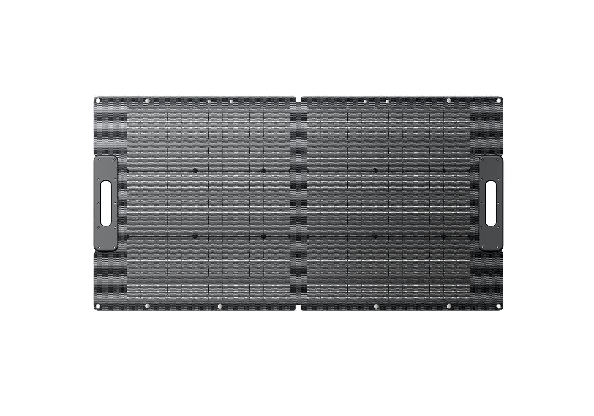 Panel słoneczny leżący płasko na białym tle. Panel jest ciemnoszary z wzorami kratki i dwoma uchwytami.