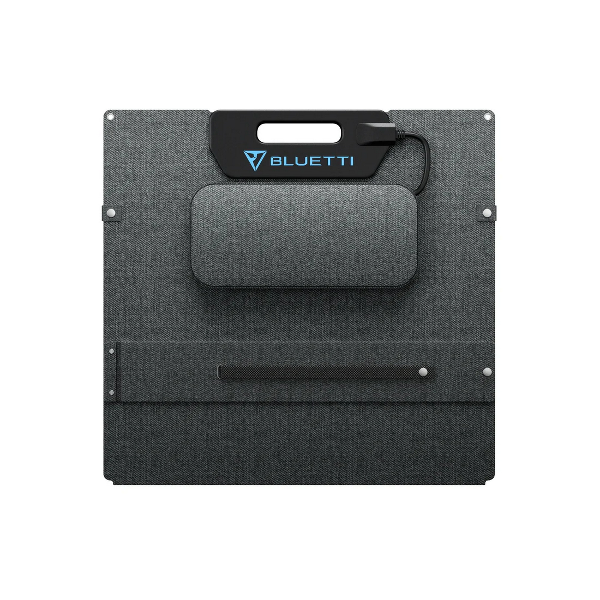 Składany panel słoneczny, ciemnoszary z czarnym uchwytem. Marka 'BLUETTI' jest widoczna na uchwycie.