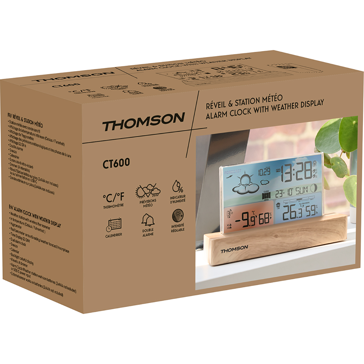 Karton mit Thomson-Logo. Zeigt eine Digitaluhr und Wettervorhersage. Die Box zeigt Produktmerkmale.