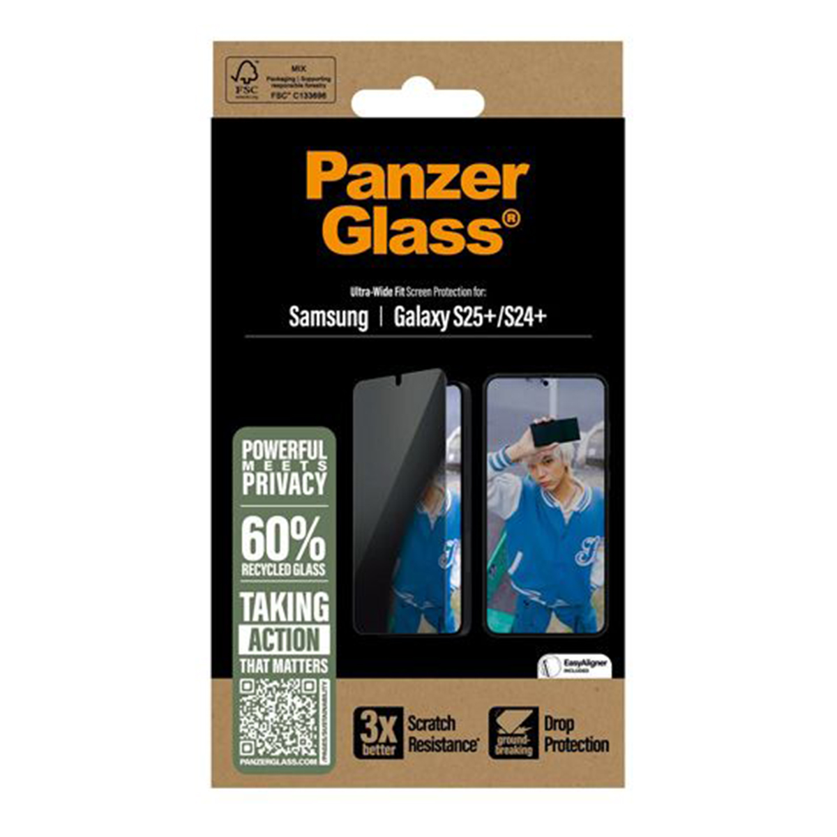 Scatola PanzerGlass con una protezione schermo. La scatola mostra un telefono e dice 'Ultra-Wide Fit' e 'Recycled Glass'.