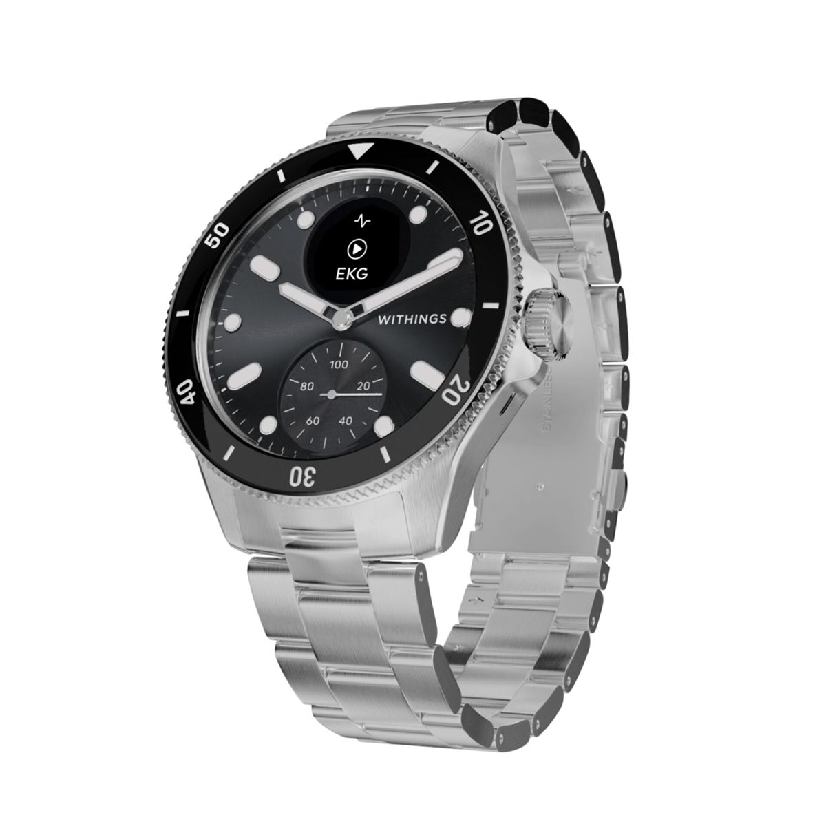 Srebrny smartwatch z czarną ramką, wyświetla EKG i inne wskaźniki zdrowia. Posiada metalową bransoletę.