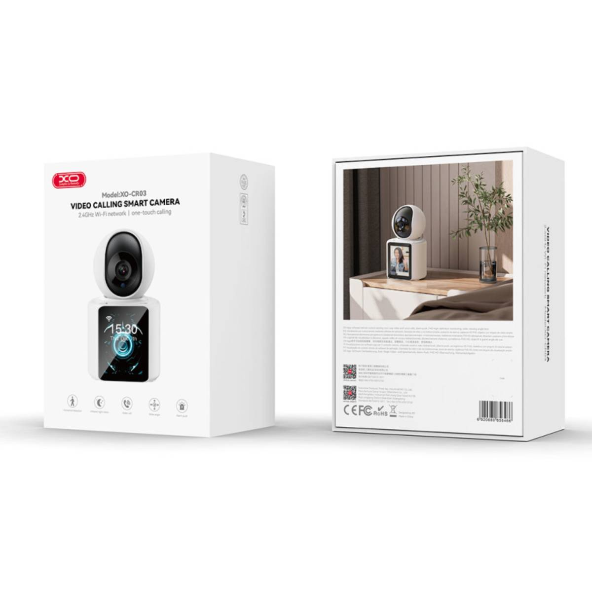 Zwei Boxen, eine offen, die eine intelligente Kamera zeigt. Die Box sagt 'Video Calling Smart Camera'.