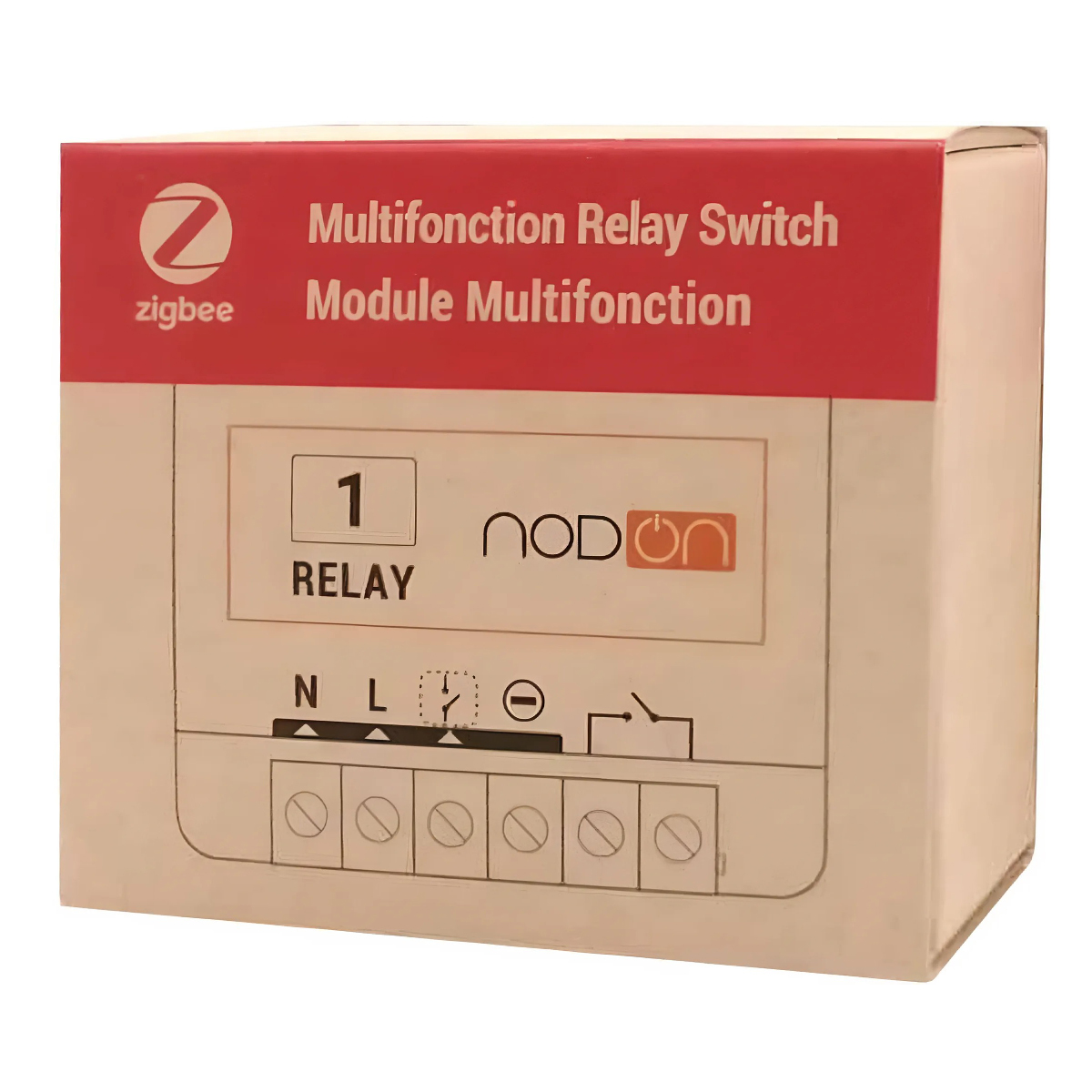 Scatola con testo 'Multifonction Relay Switch Module Multifonction' e logo Zigbee. Sfondo bianco.