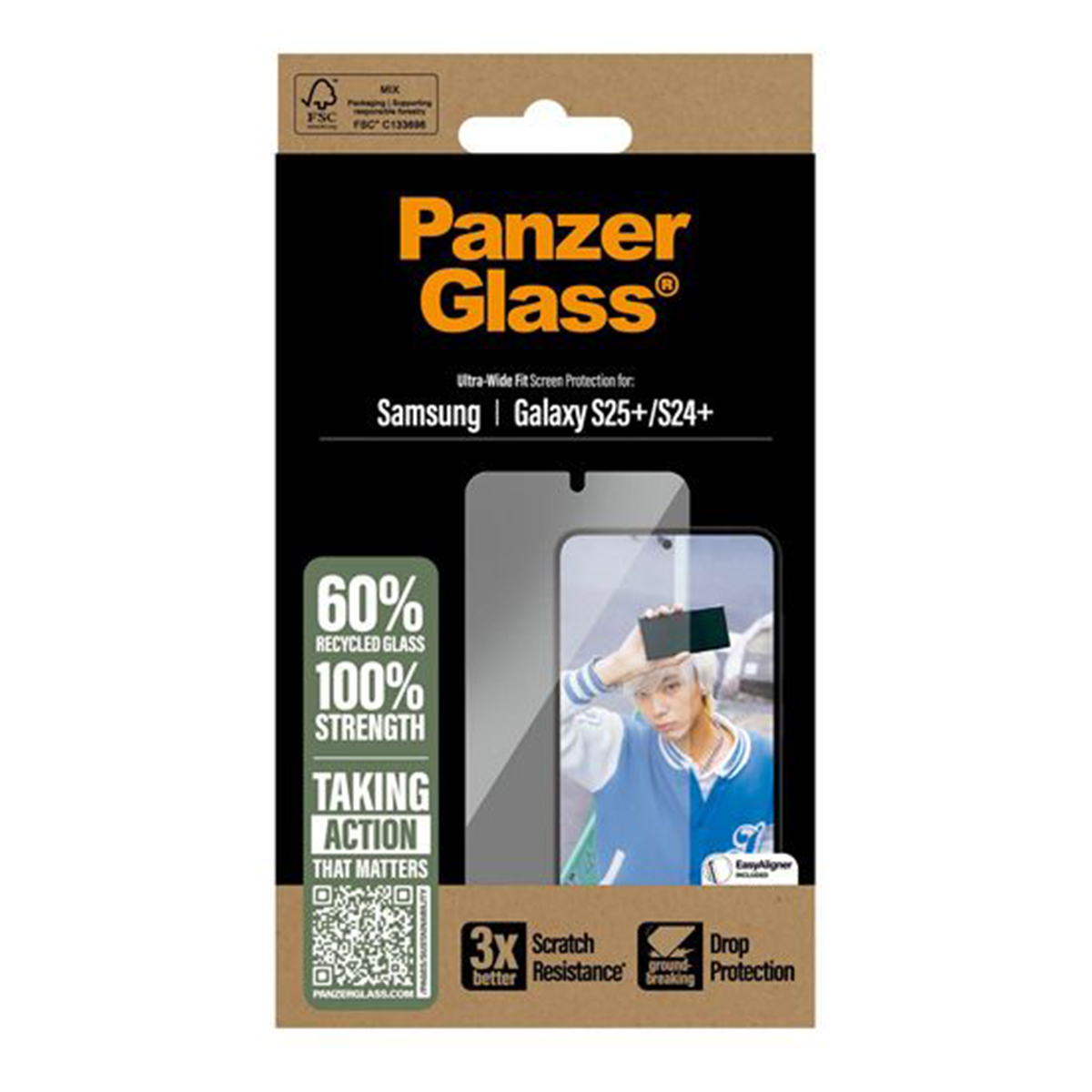 Scatola per protezione schermo Panzer Glass. Mostra un telefono, un uomo con gli occhiali e testo sulla resistenza.
