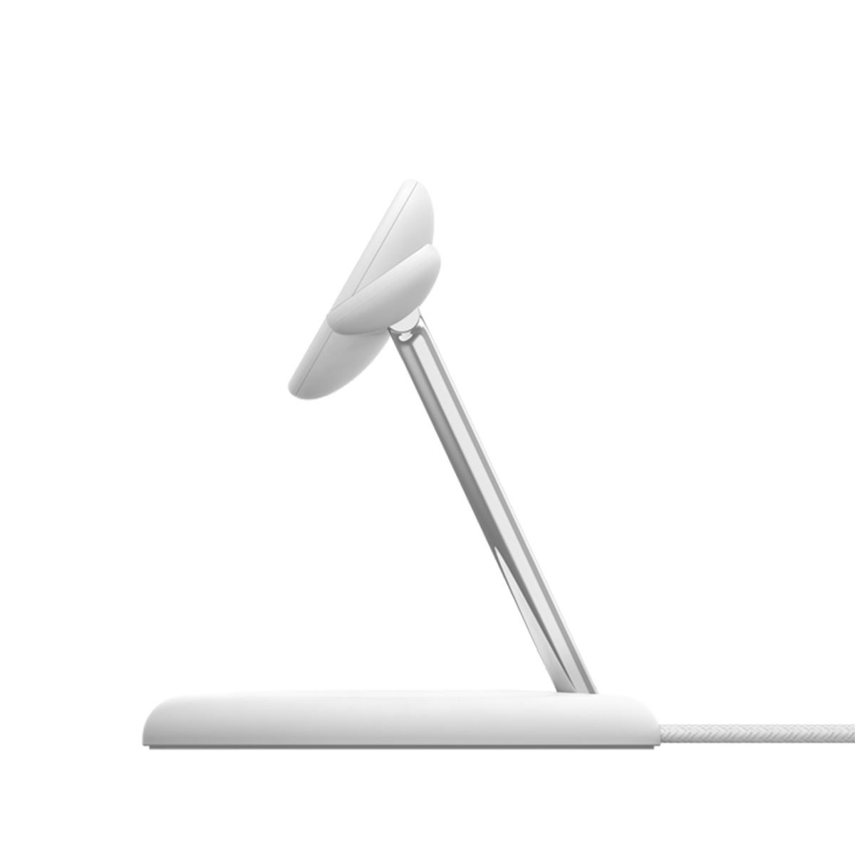 Supporto di ricarica wireless bianco. Ha una base, un supporto in metallo e una superficie di ricarica. Sfondo bianco.