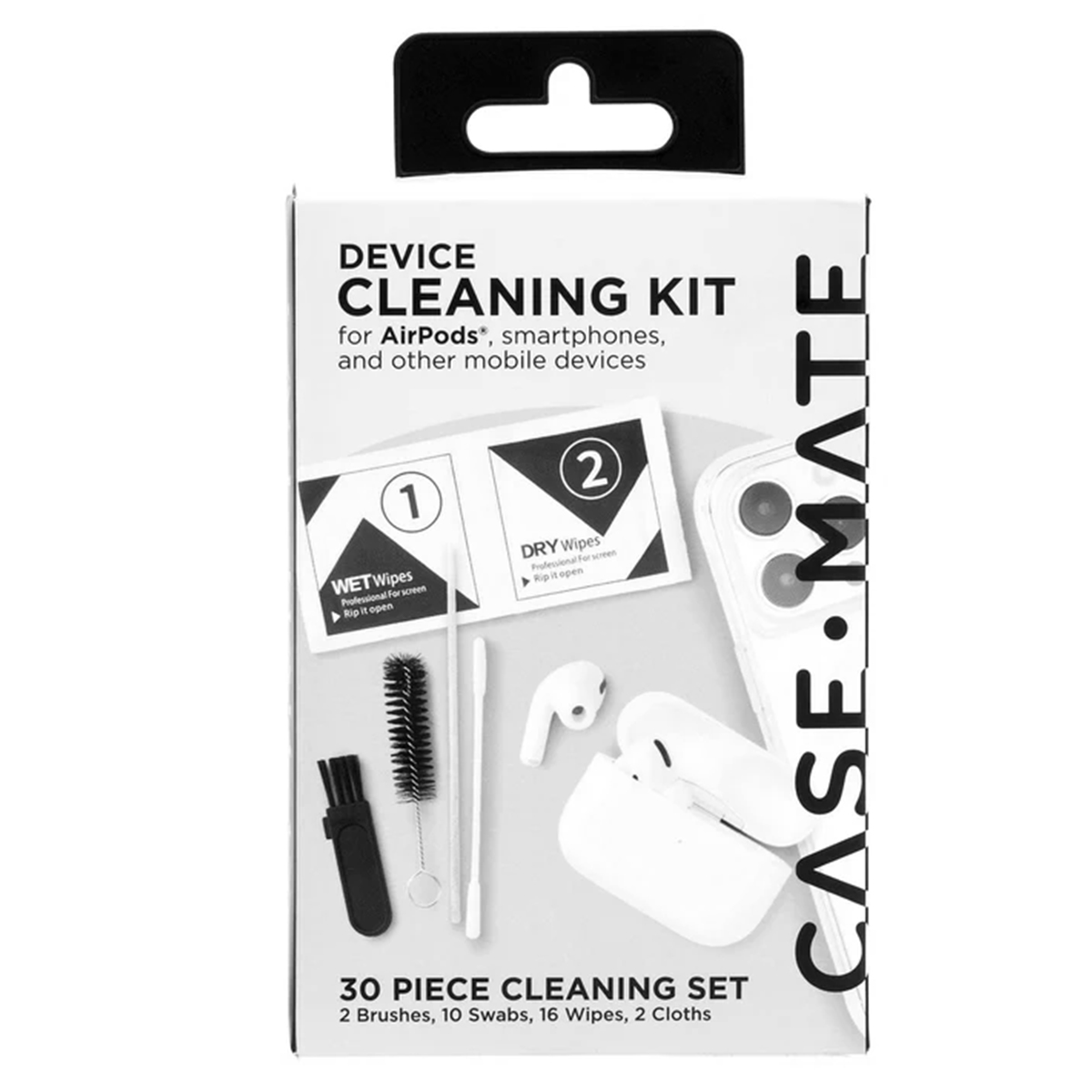 Scatola per kit di pulizia. Include salviette, spazzole e auricolari. Design in bianco e nero. Etichetta 'Case Mate'.