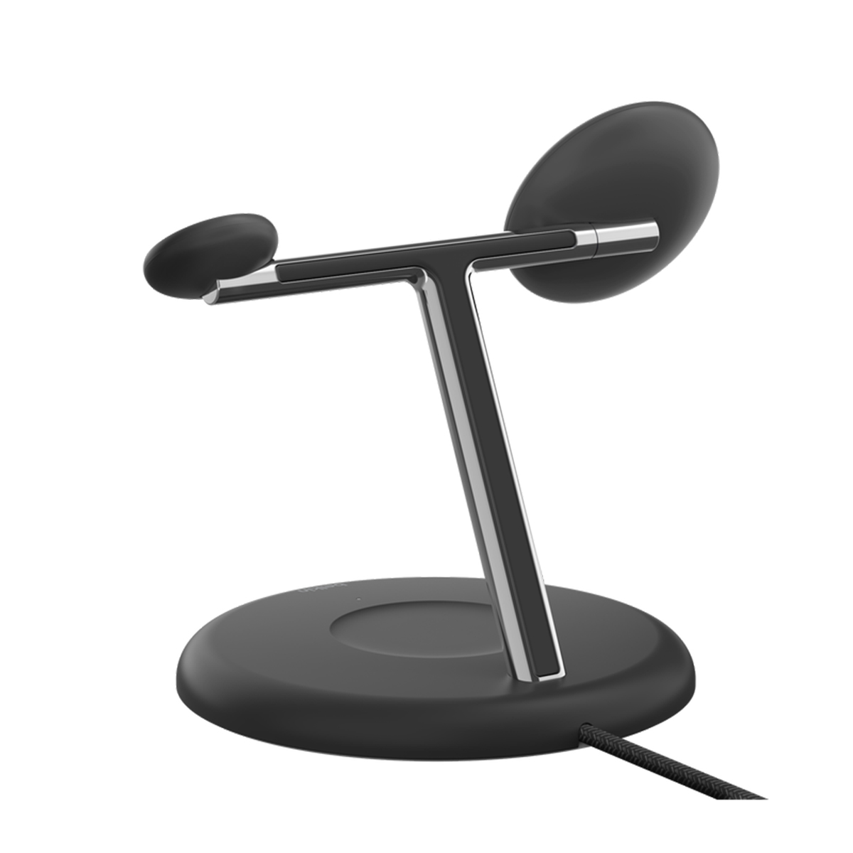 Supporto di ricarica nero con base circolare e due superfici di ricarica. Sfondo bianco.
