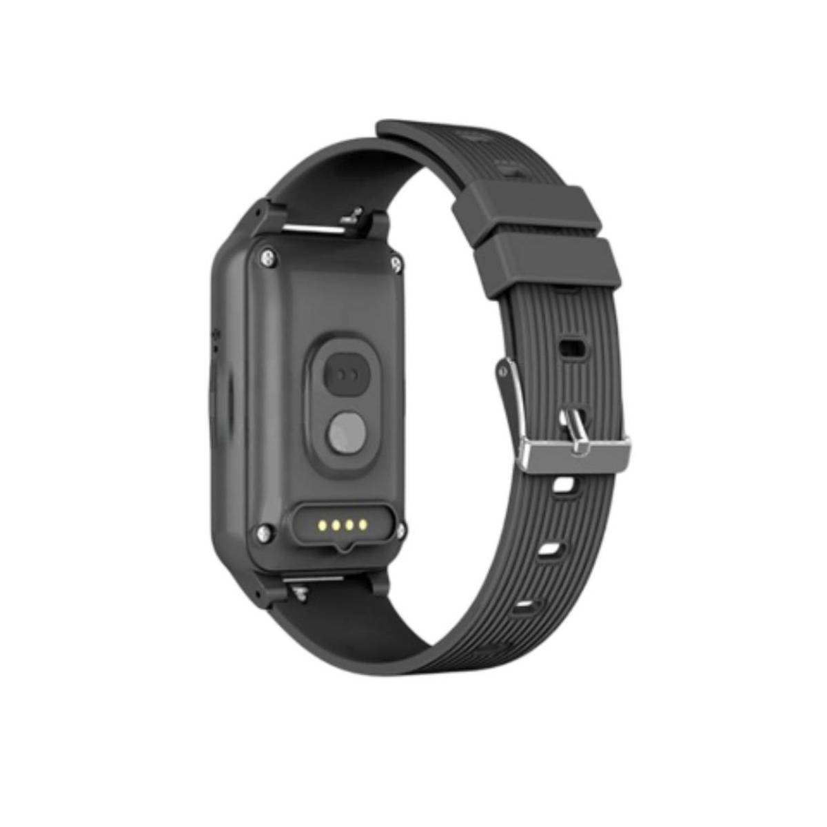 Czarny smartwatch z czarnym paskiem. Ekran jest ciemny. Białe tło.