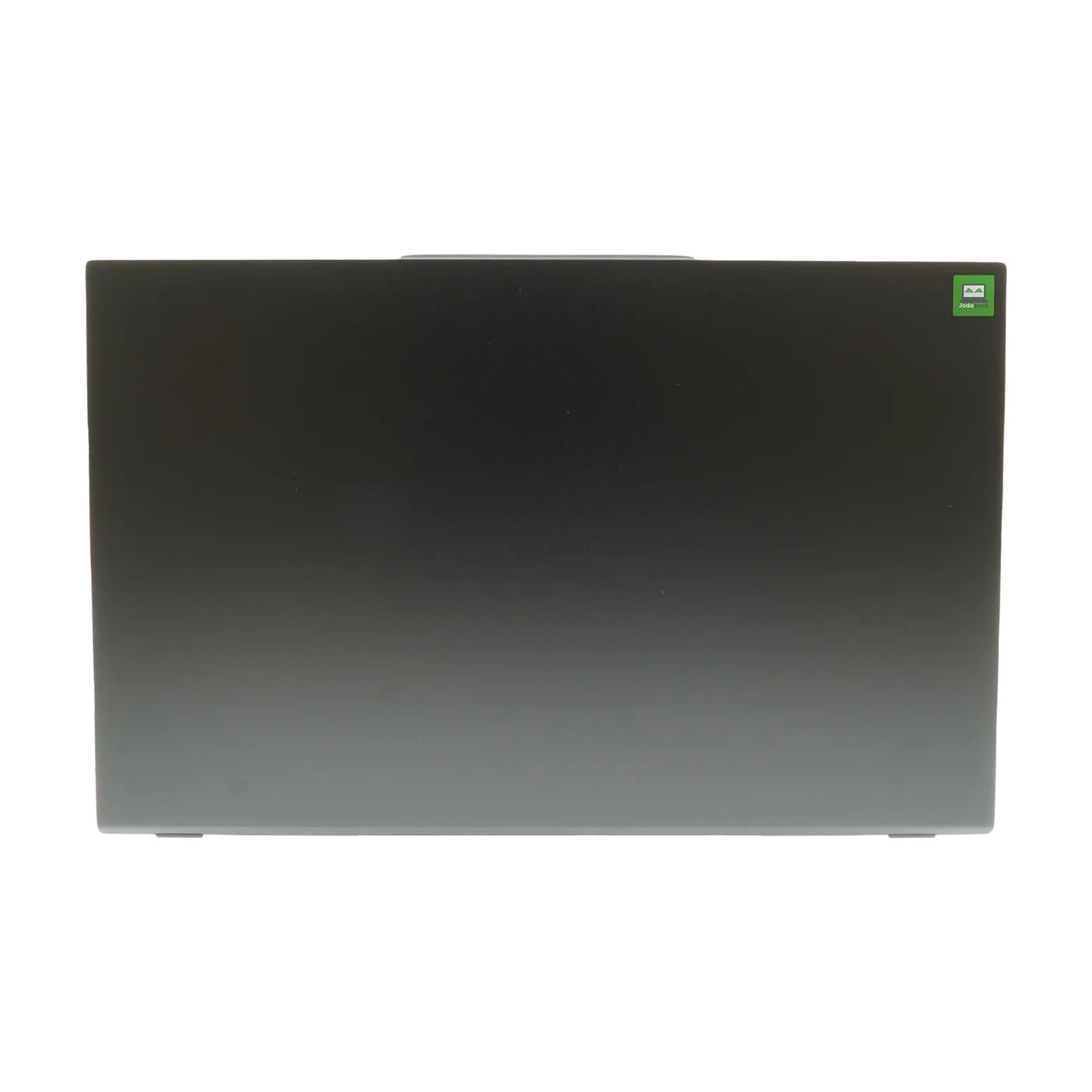 Draufsicht auf einen geschlossenen, dunkelgrauen Laptop. Er hat einen dezenten Farbverlauf und einen kleinen grünen Aufkleber.