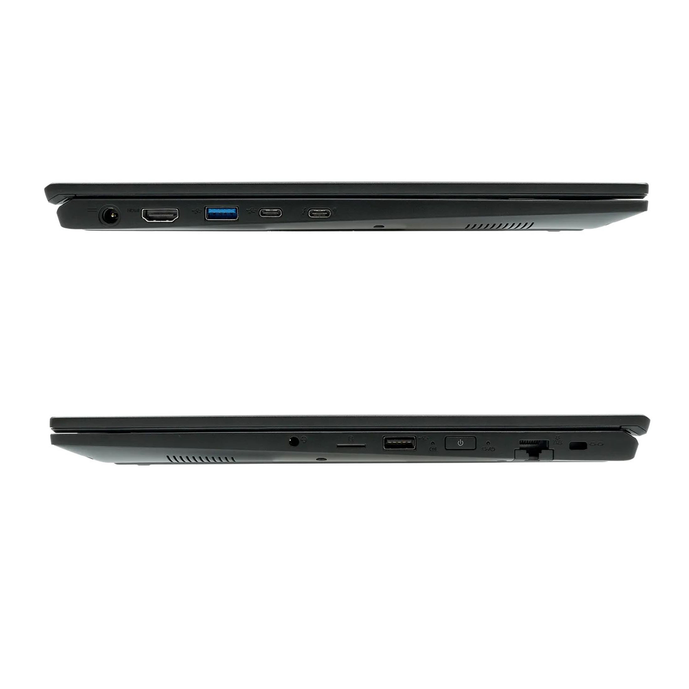 Zwei Seitenansichten eines Laptops mit Anschlüssen und Lüftungsschlitzen. Das obere hat Anschlüsse links, das untere rechts.