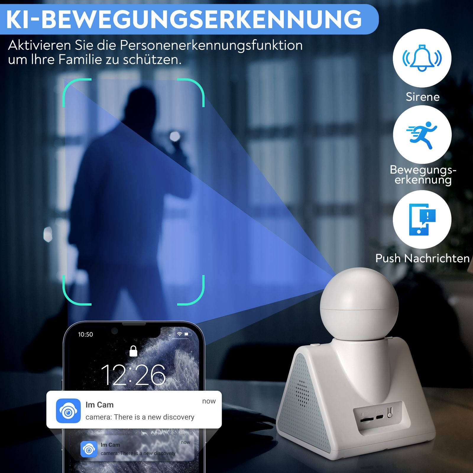 Sicherheitskamera mit Telefon, Personensilhouette und Symbolen für Sirene, Bewegungserkennung und Push-Benachrichtigungen.