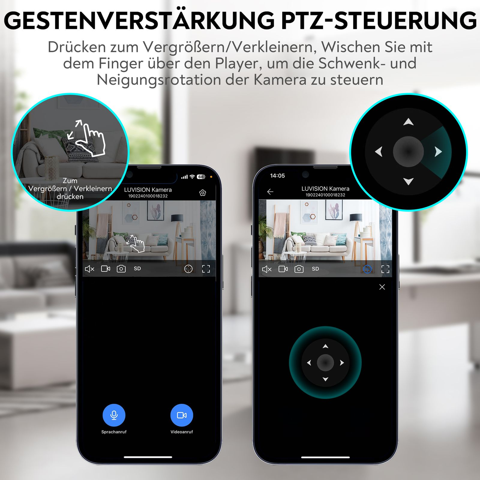 Zwei Telefone mit Kameraansichten, die PTZ-Steuerung zeigen. Zeigt, wie man zoomt und die Richtung steuert.