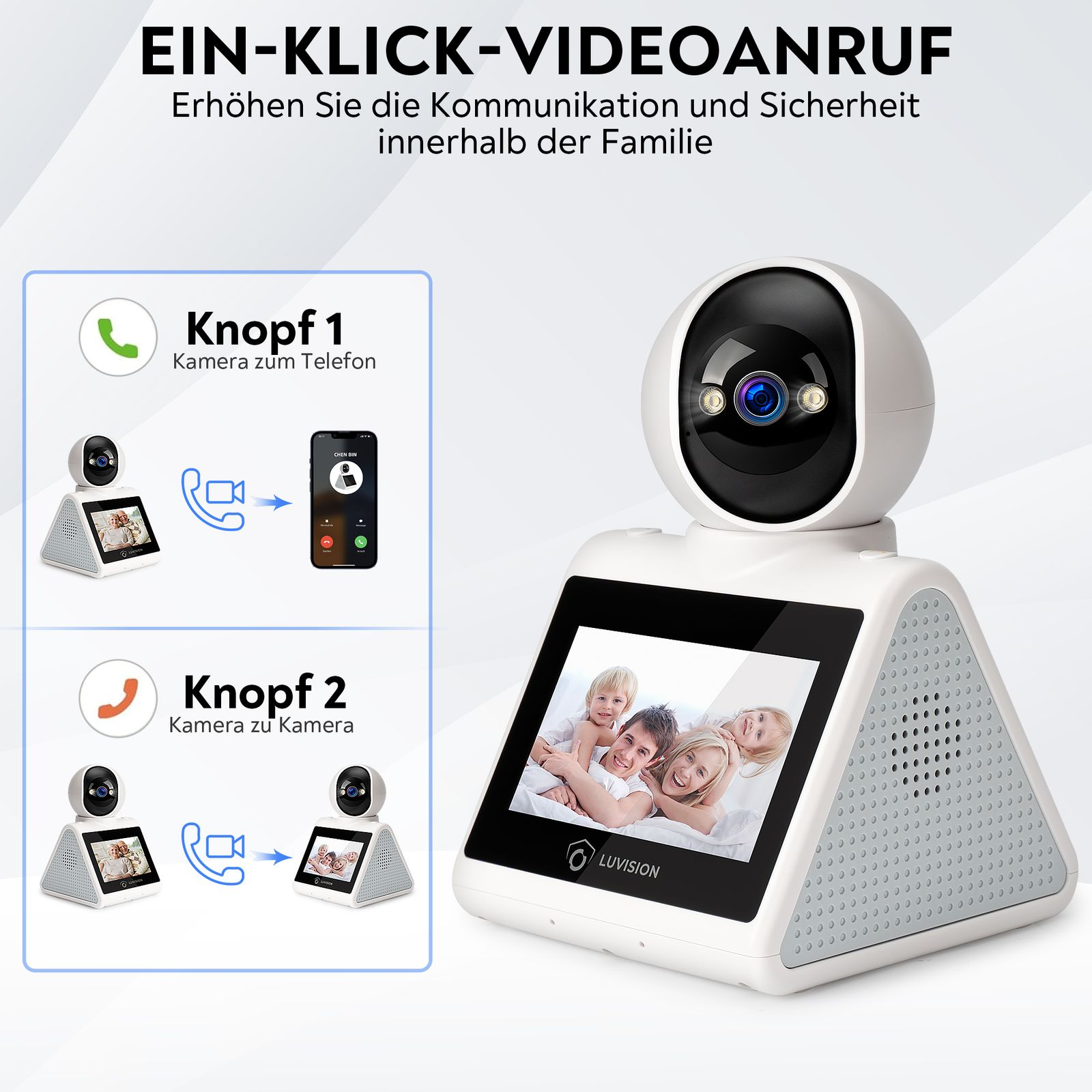 Weiße Überwachungskamera mit Familie auf dem Bildschirm. Demonstriert Videoanrufe mit einem Klick.