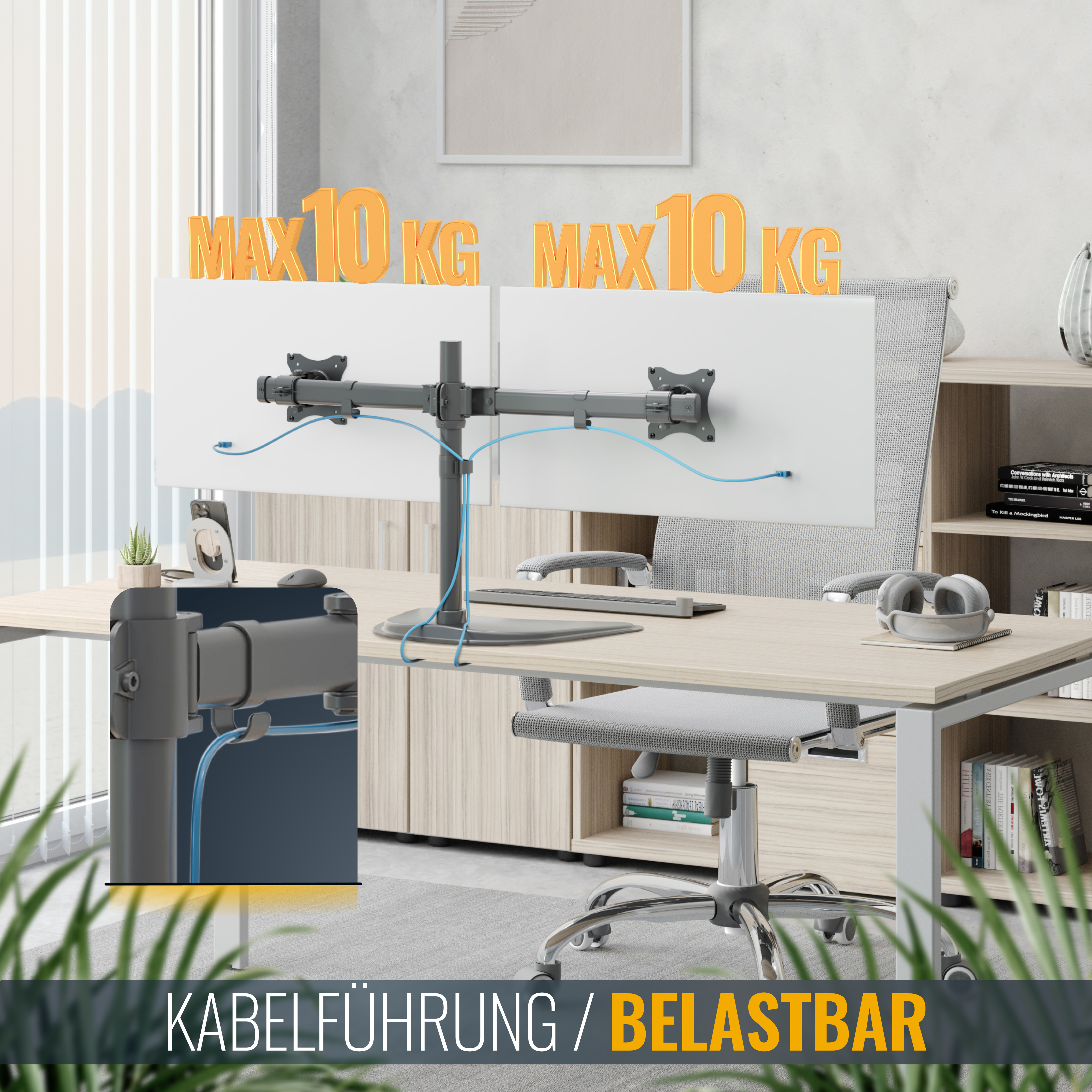 Das Bild zeigt einen Dual-Monitor-Tischhalterungsaufbau mit Kabelmanagement in einer modernen Büroszene.