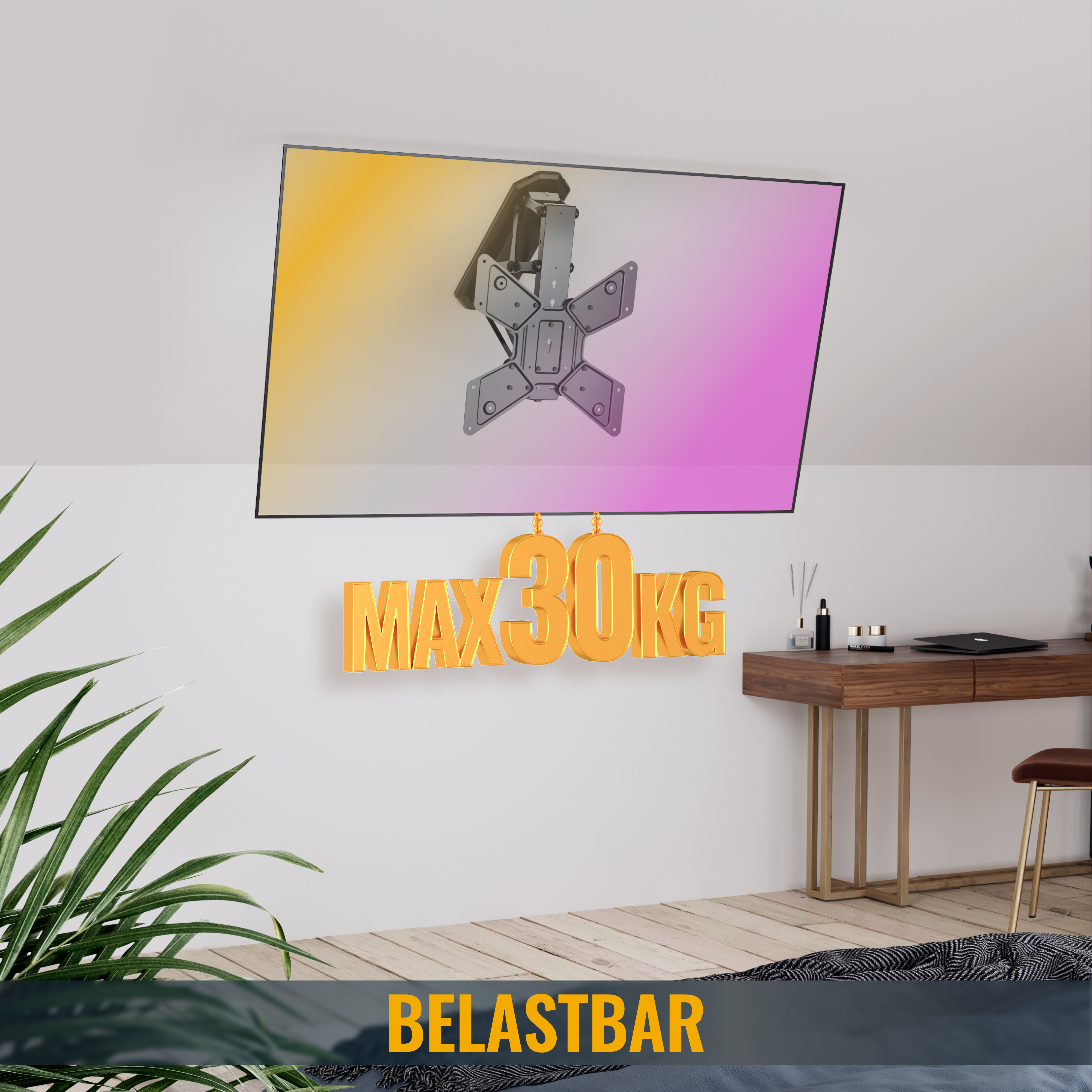 Schreibtisch mit einer Monitorhalterung, die die Monitorgröße und VESA-Kompatibilität in einem modernen Raum zeigt.