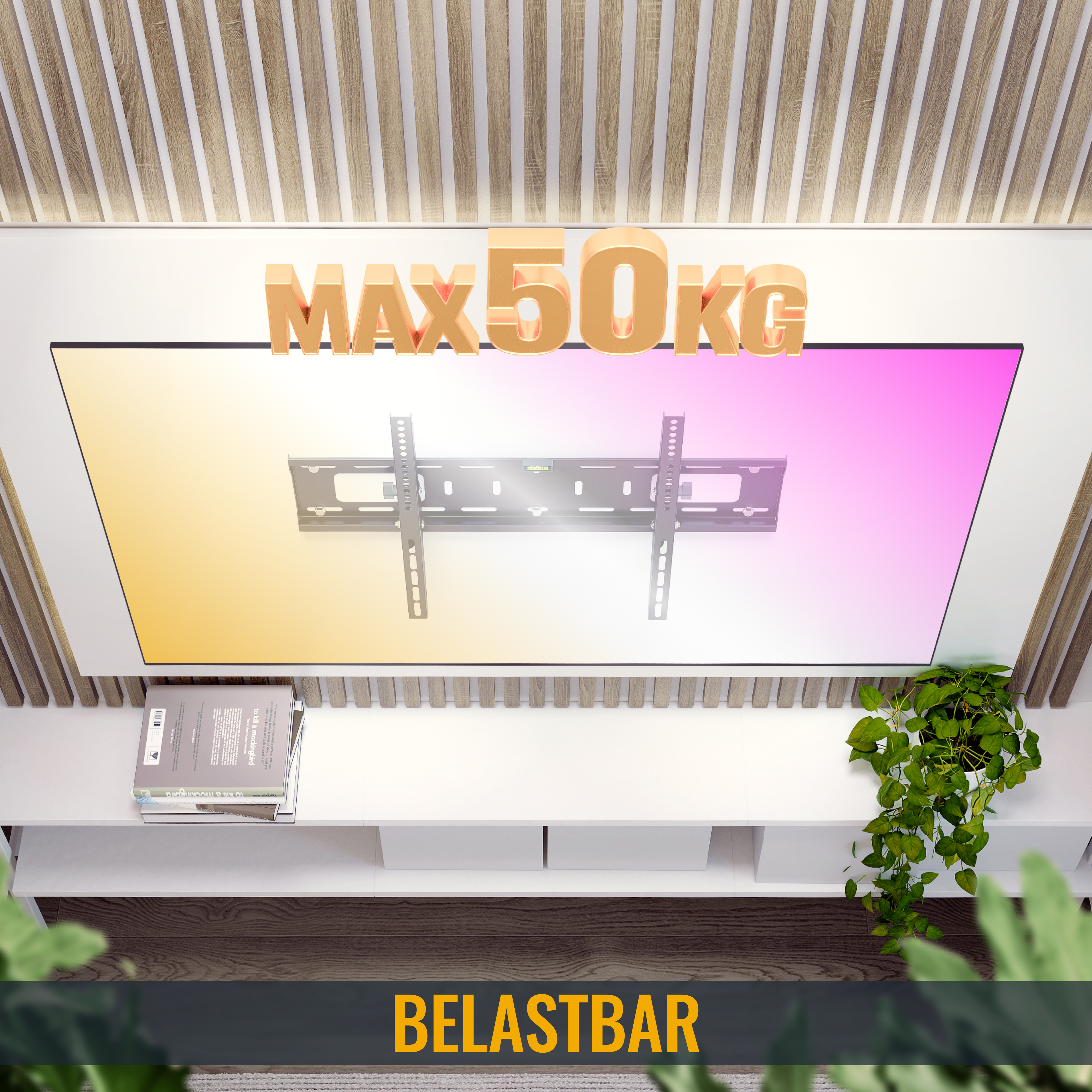 TV-Halterung an der Wand. Text: MAX 50KG. Unten: BELASTBAR.