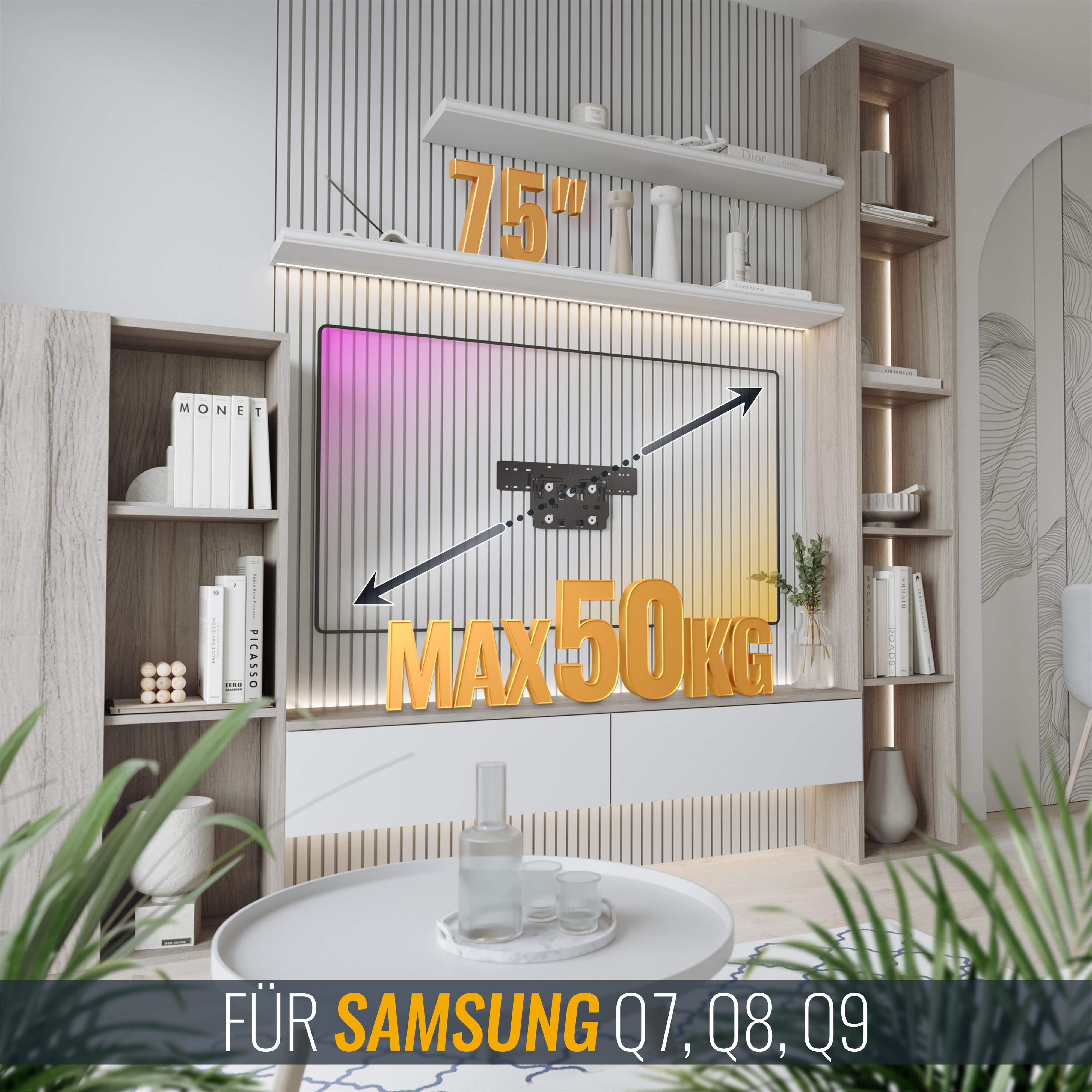 TV an der Wand montiert. Text: MAX 50KG und 75". Unten: FÜR SAMSUNG Q7, Q8, Q9.