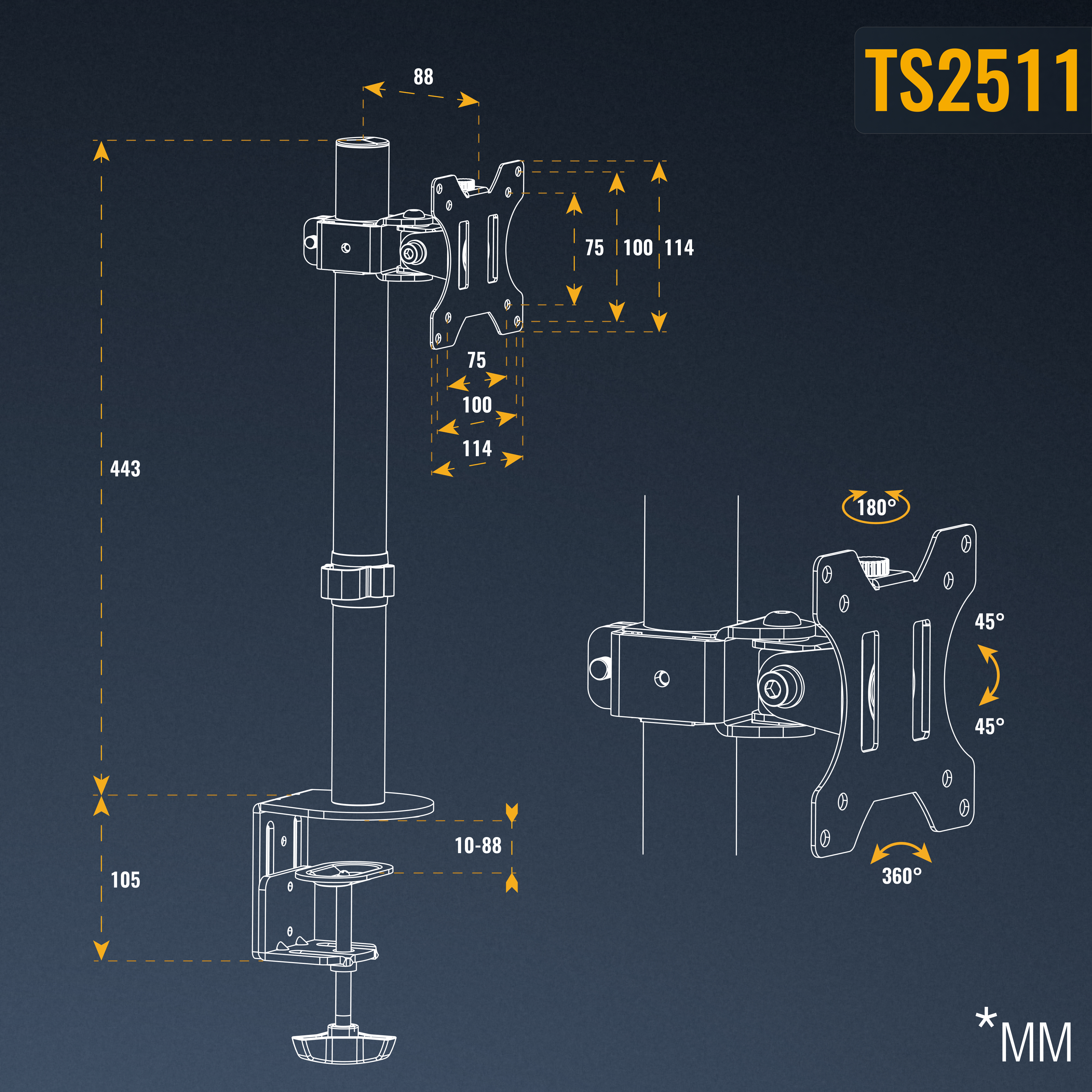 Diagramm mit Abmessungen eines Monitorarms. Enthält Maße in Millimetern und Drehgrade.