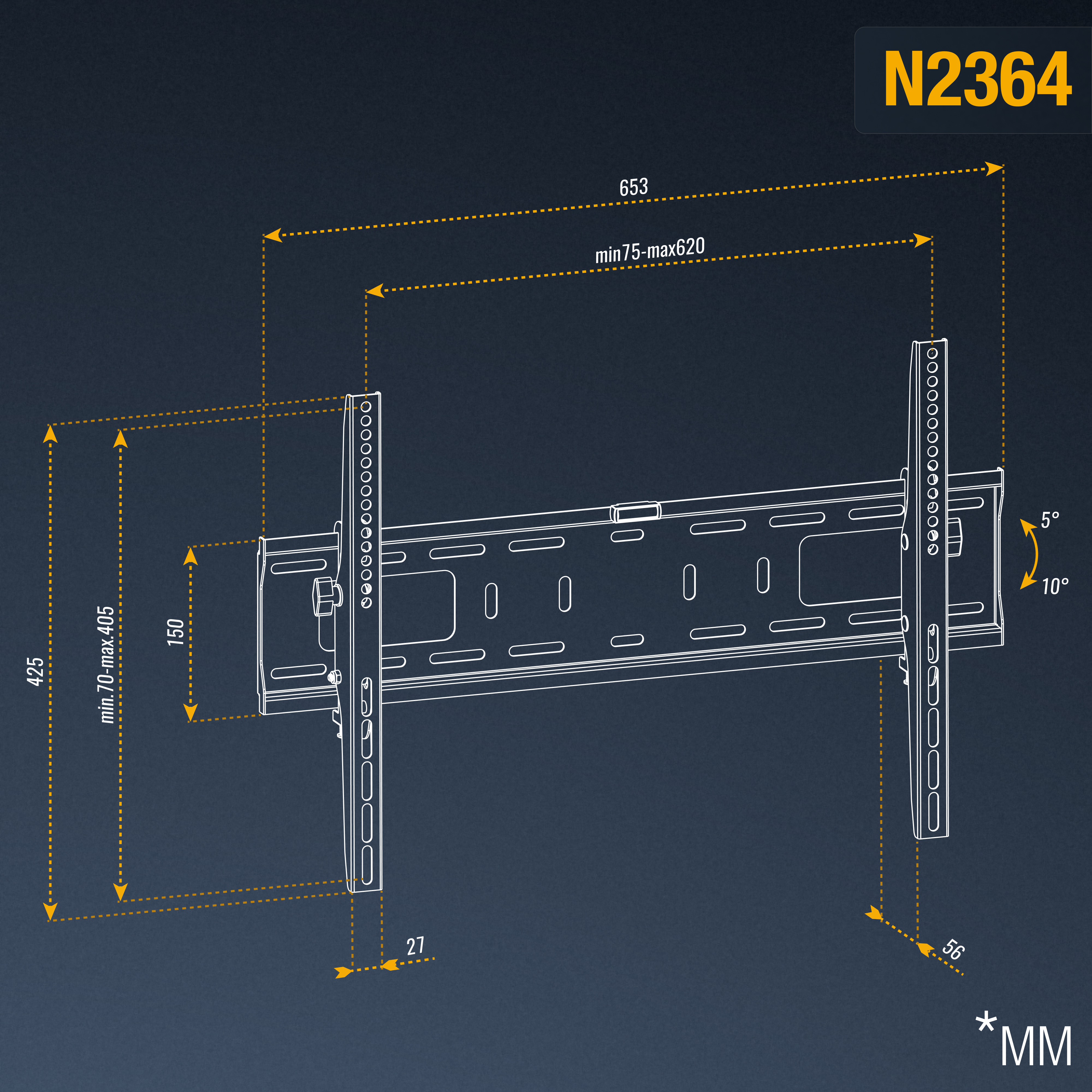 Ein Diagramm, das die Abmessungen und Neigungswinkel einer TV-Wandhalterung zeigt, beschriftet mit N2364.