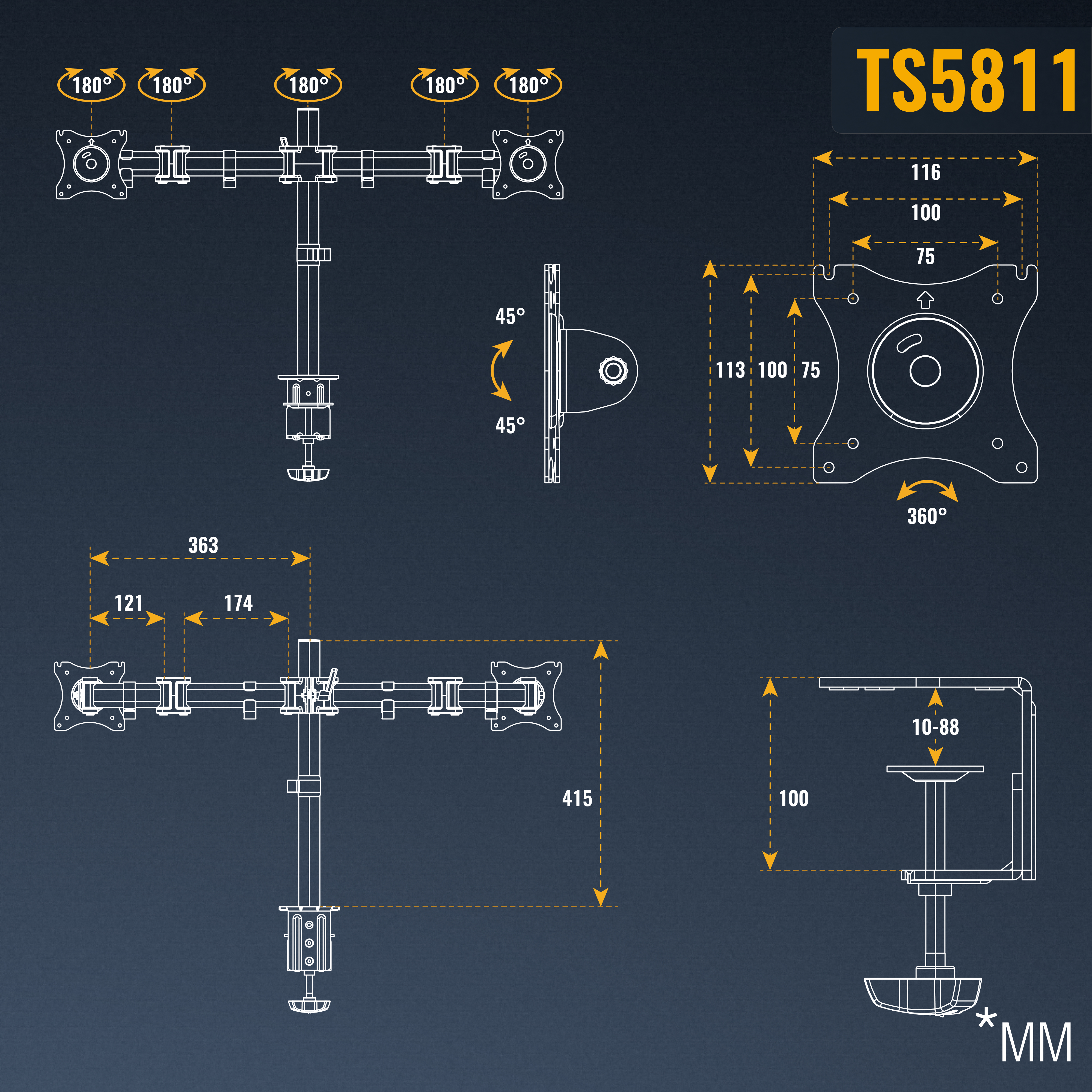 Diagramm einer schwarzen TS5811 Dual-Monitorhalterung mit Abmessungen und Winkeln auf blauem Hintergrund.