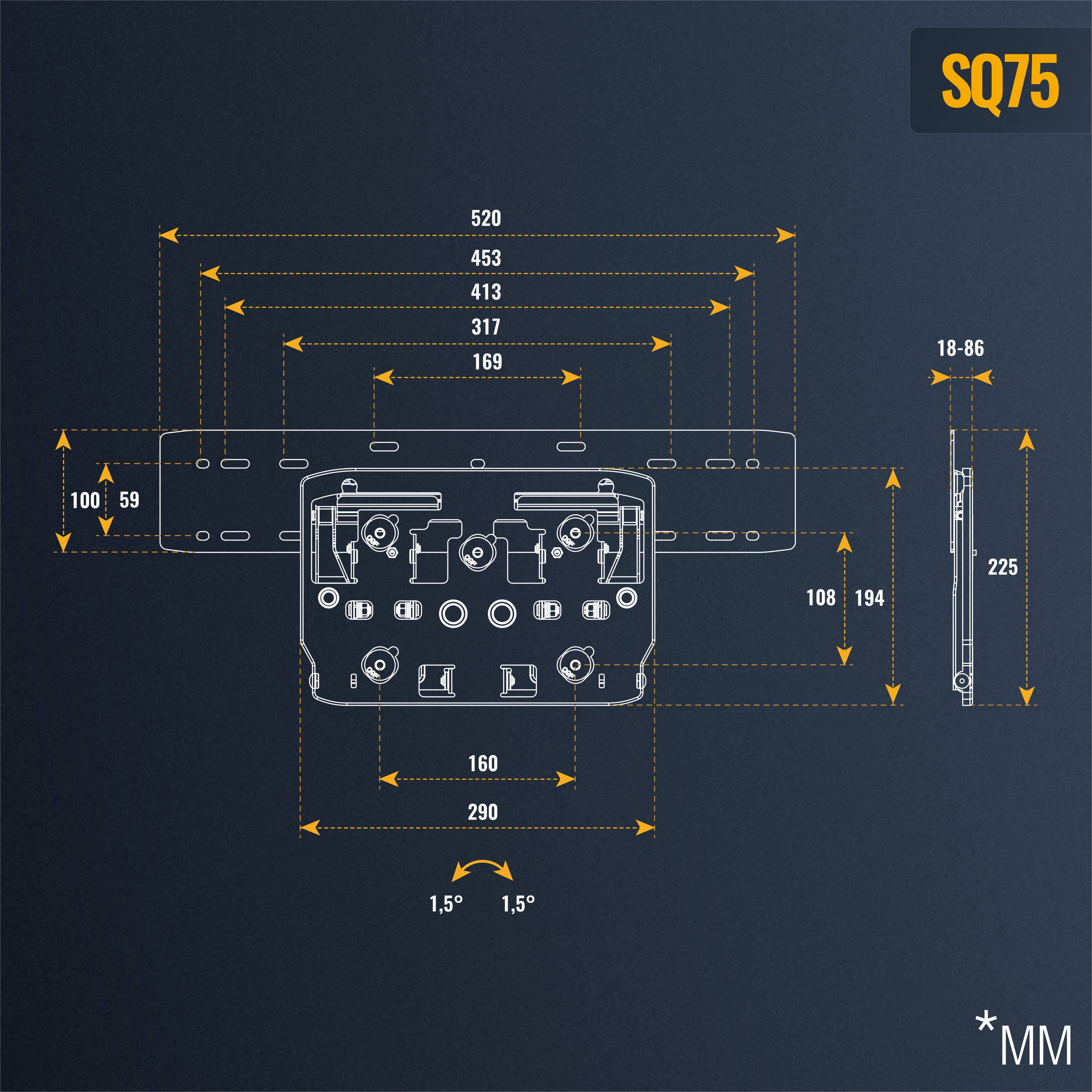 Diagramm mit Abmessungen einer TV-Halterung. Enthält Millimeter und Winkel.
