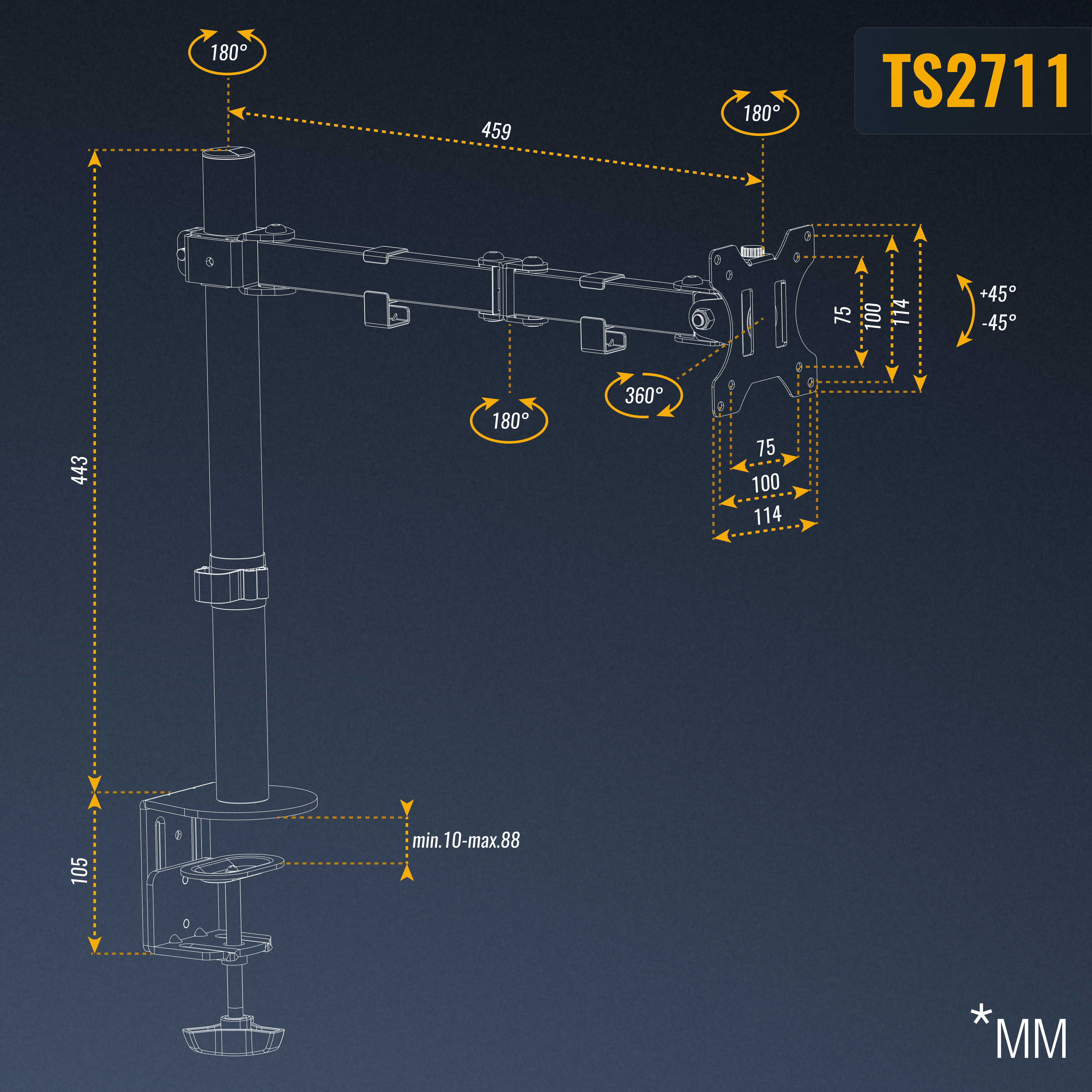 Diagramm eines Monitorarms mit Millimeterangaben.
