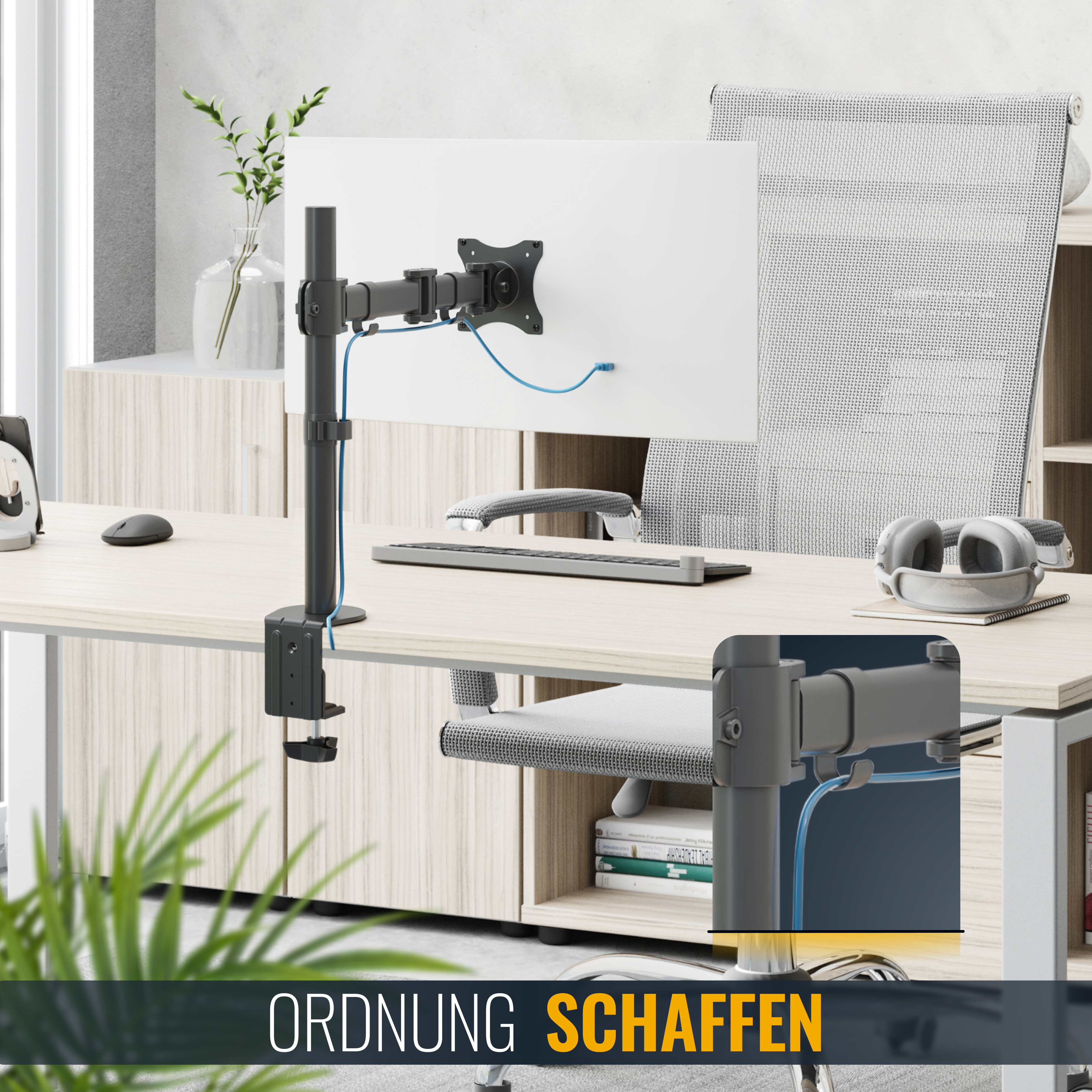 Das Produktbild zeigt eine Einzelmonitorhalterung, die Kabelmanagement und einen sauberen Arbeitsplatz fördert.