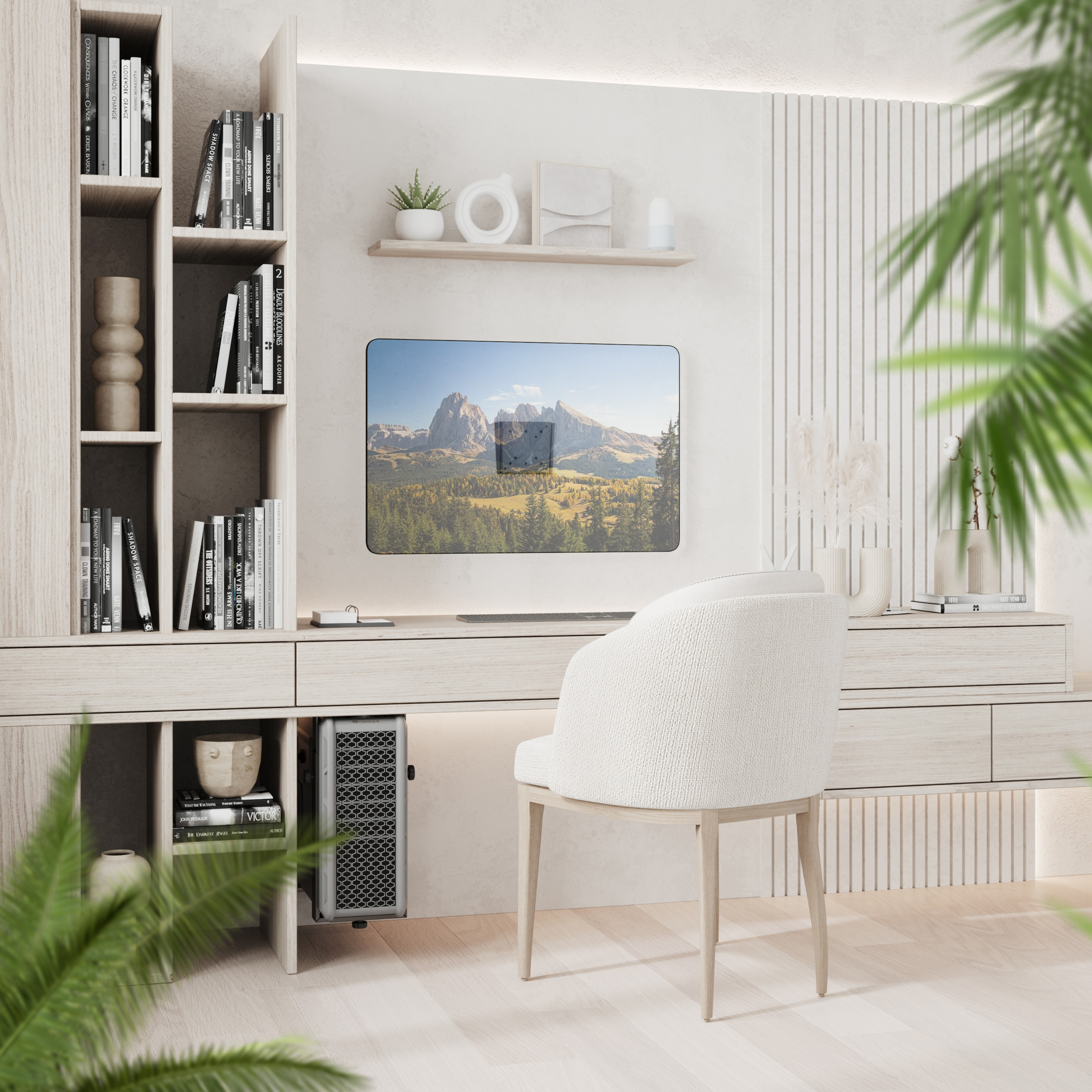 Ein modernes Büro mit Monitor, Schreibtisch, Stuhl und Pflanzen.
