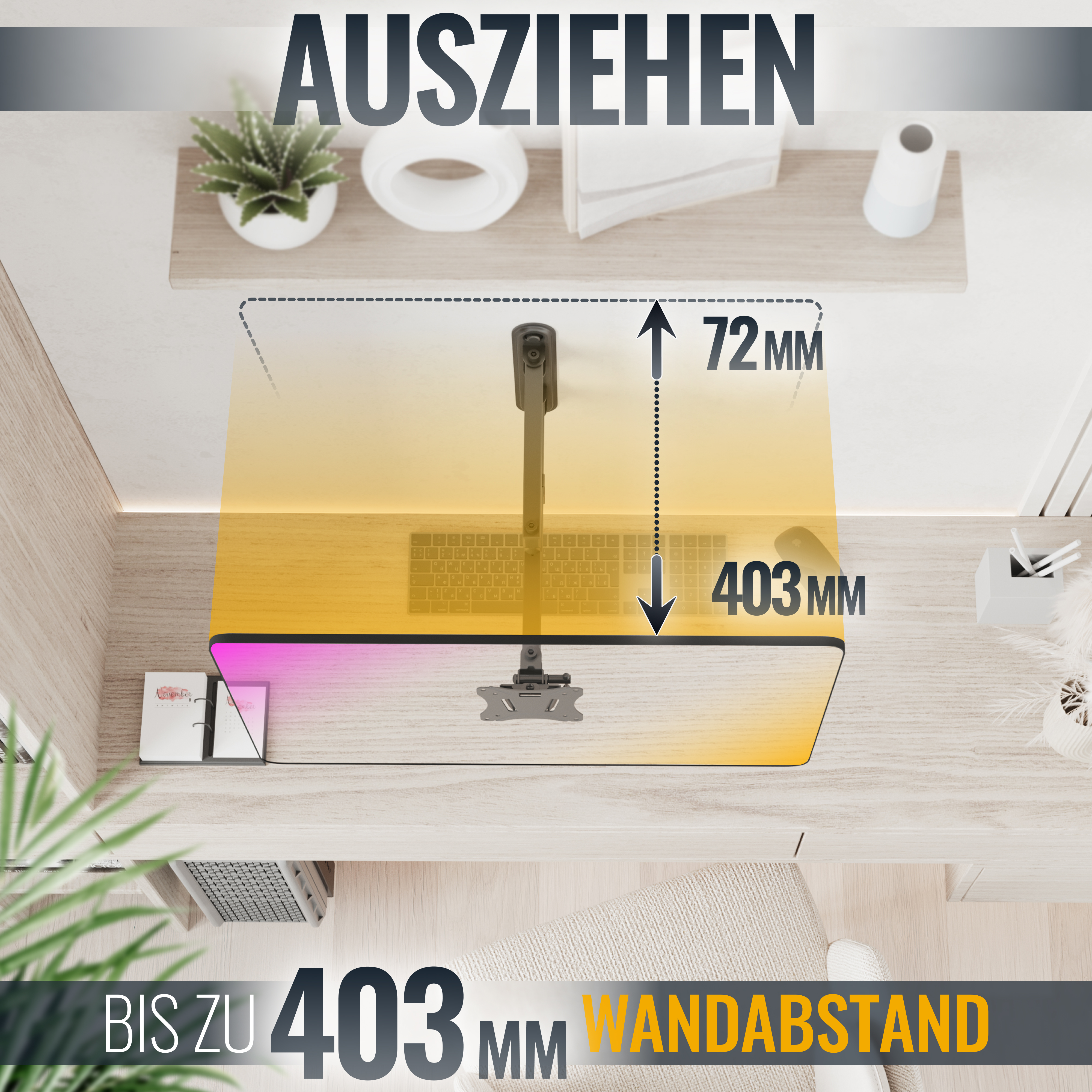 Ein Monitorarm trägt einen Bildschirm über einem Schreibtisch, mit einem Regal und Zubehör im Hintergrund.