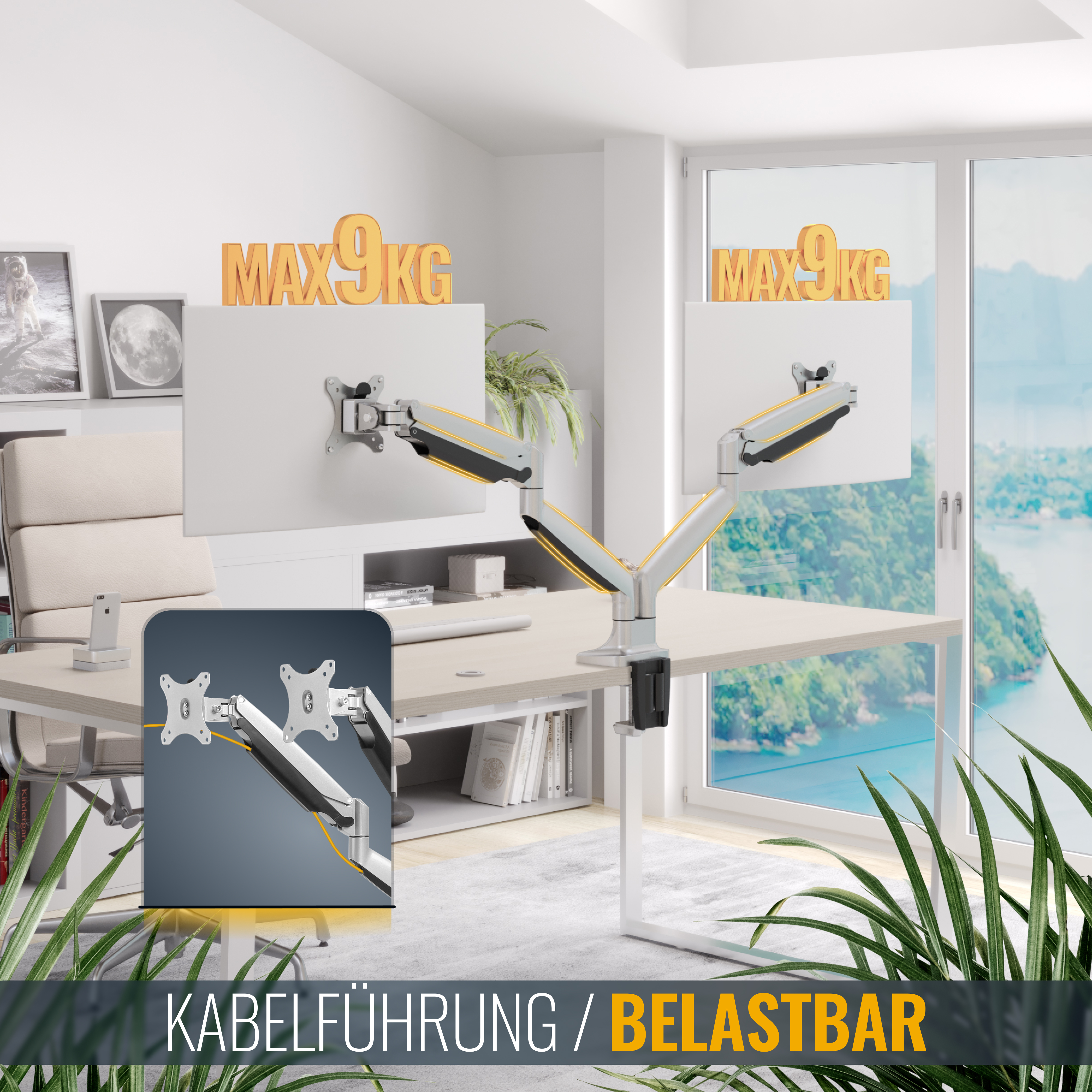 Zwei Monitore sind auf Armen über einem Schreibtisch in einem hellen Raum mit Fensterblick montiert.
