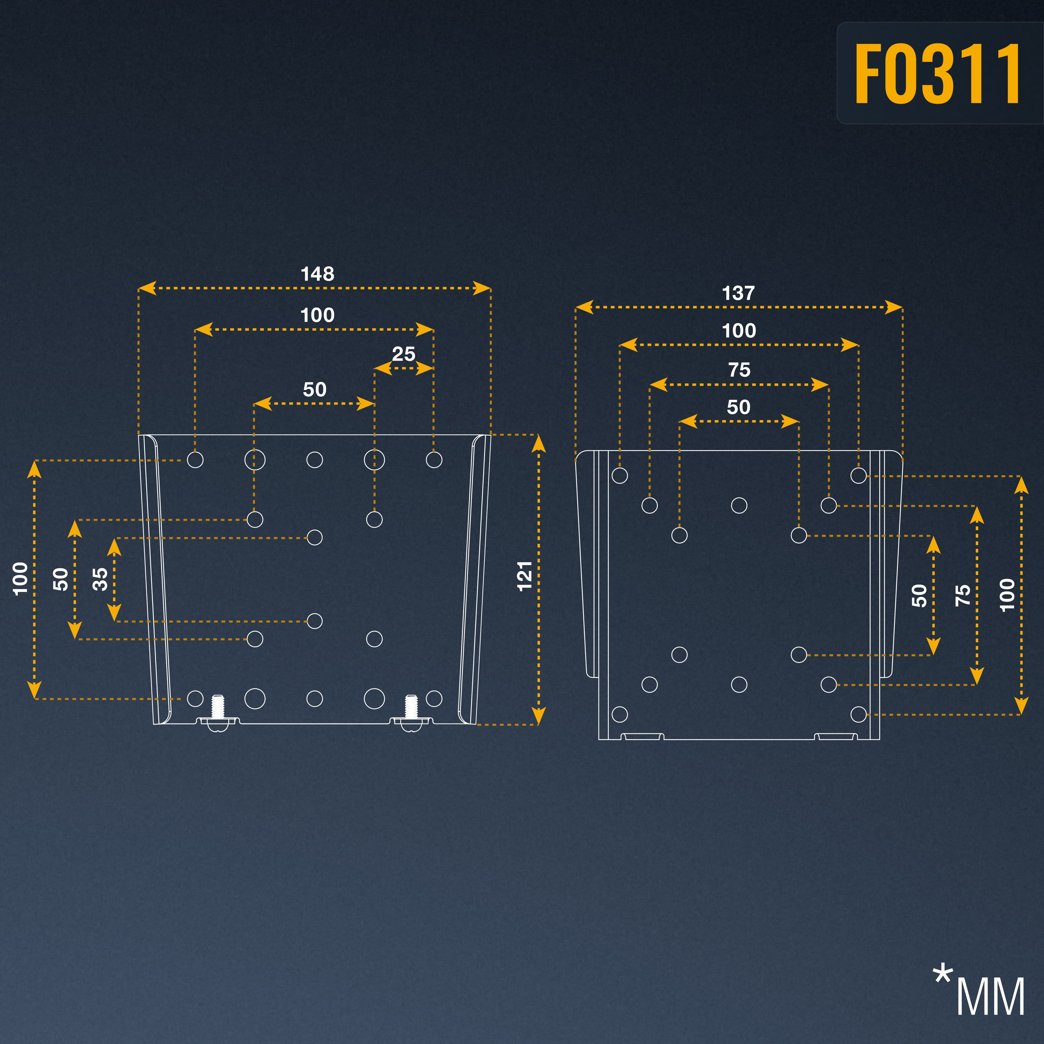 Diagramm zeigt Maße einer Metallhalterung mit Löchern und Pfeilen mit Maßen.