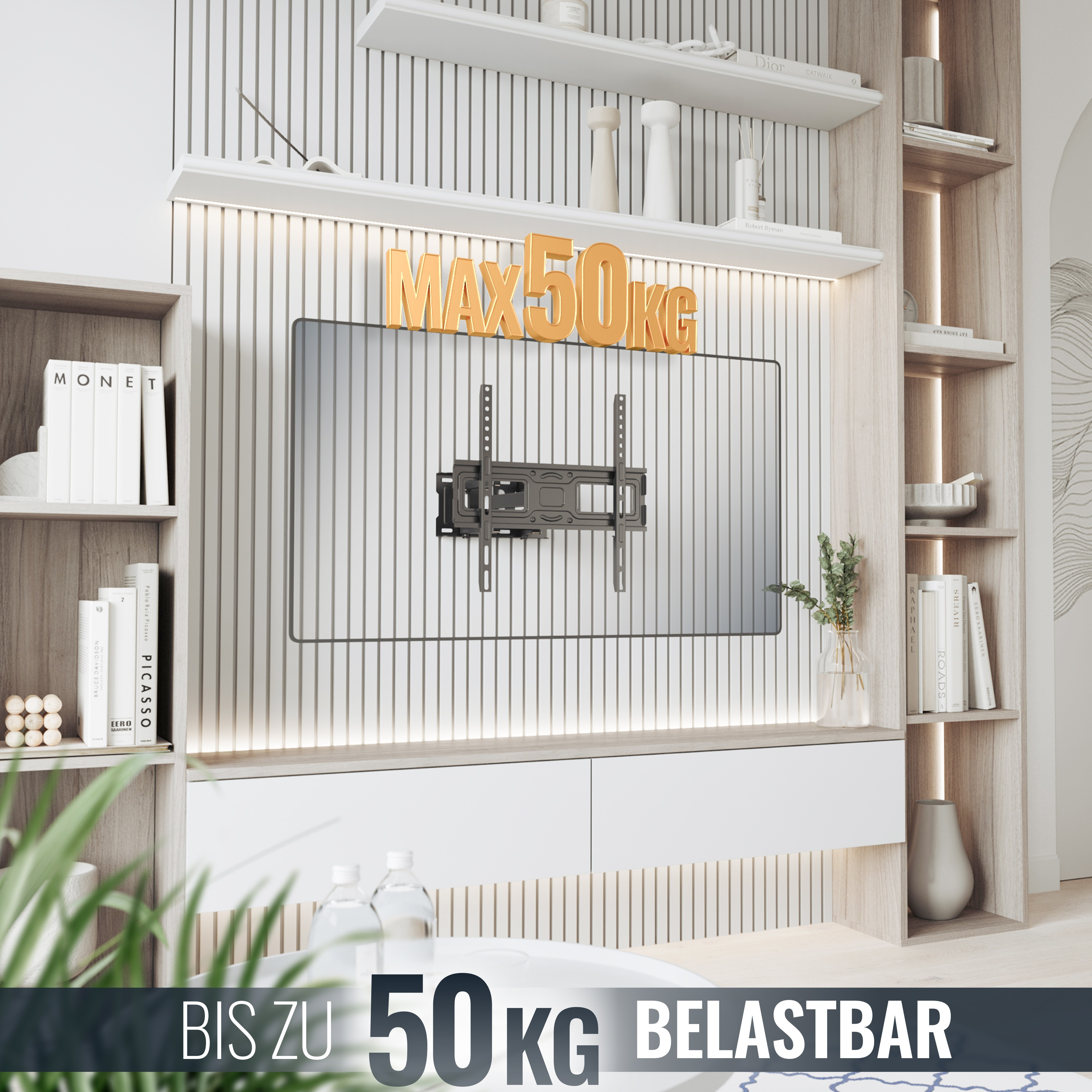 Ein Fernseher ist an einer Wand montiert, mit schwarzer Halterung. Text sagt 'MAX 50KG' und 'BIS ZU 50KG BELASTBAR'.