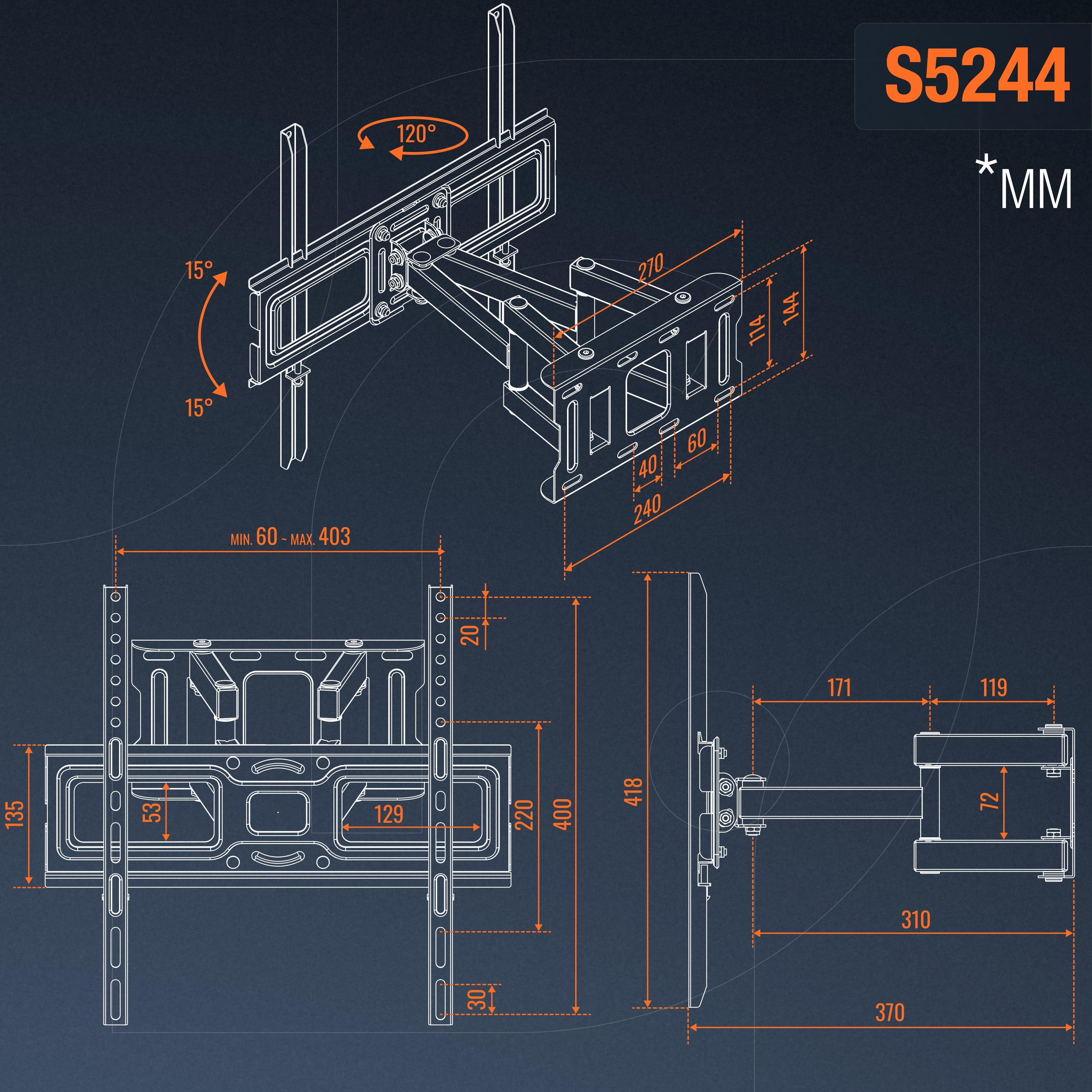 Ein Fernseher ist an einer Wand montiert, mit schwarzer Halterung. Text sagt 'MAX 25KG' und 'BELASTBAR'.