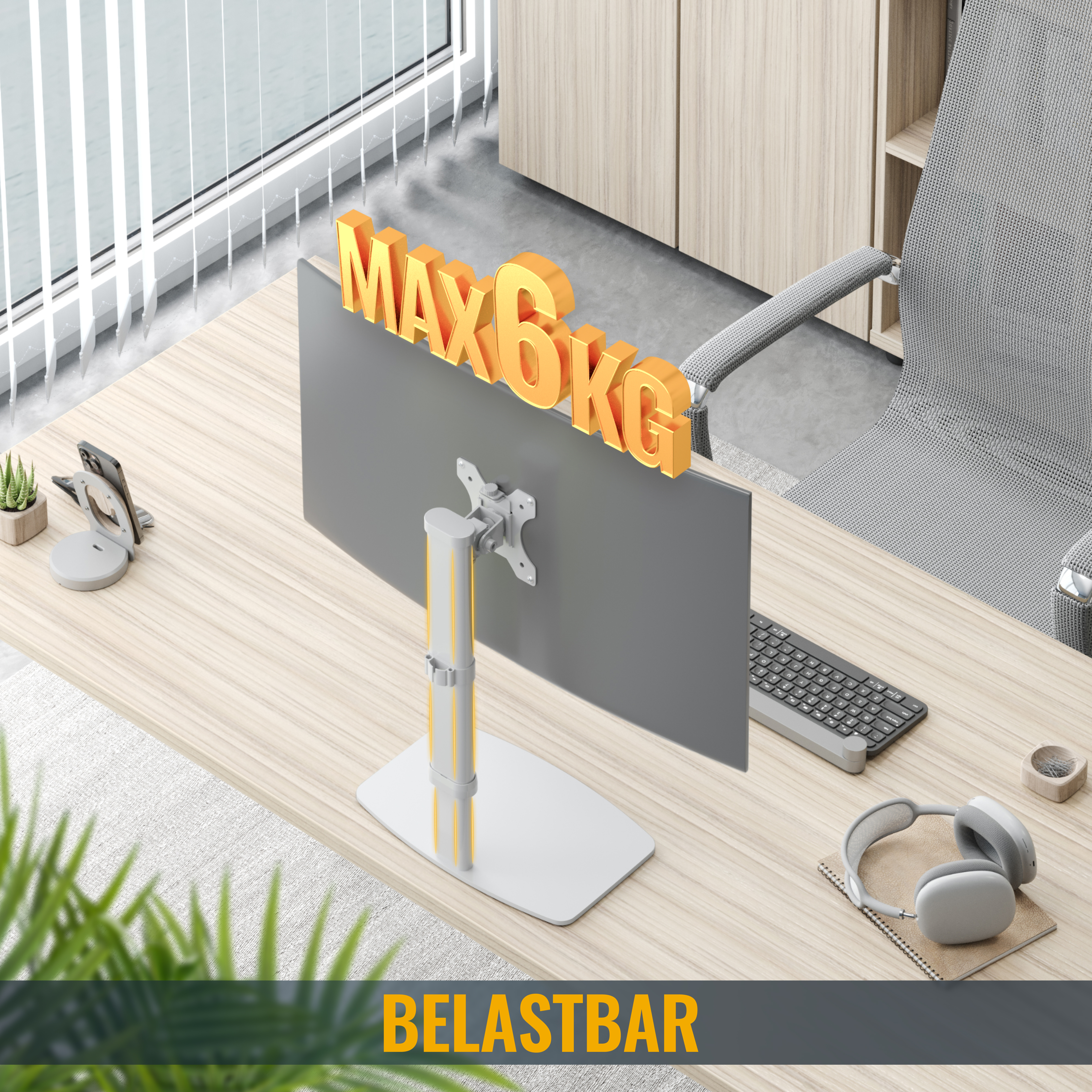 Ein Monitor steht auf einem Schreibtisch. Text sagt 'MAX 6KG' und 'BELASTBAR'.