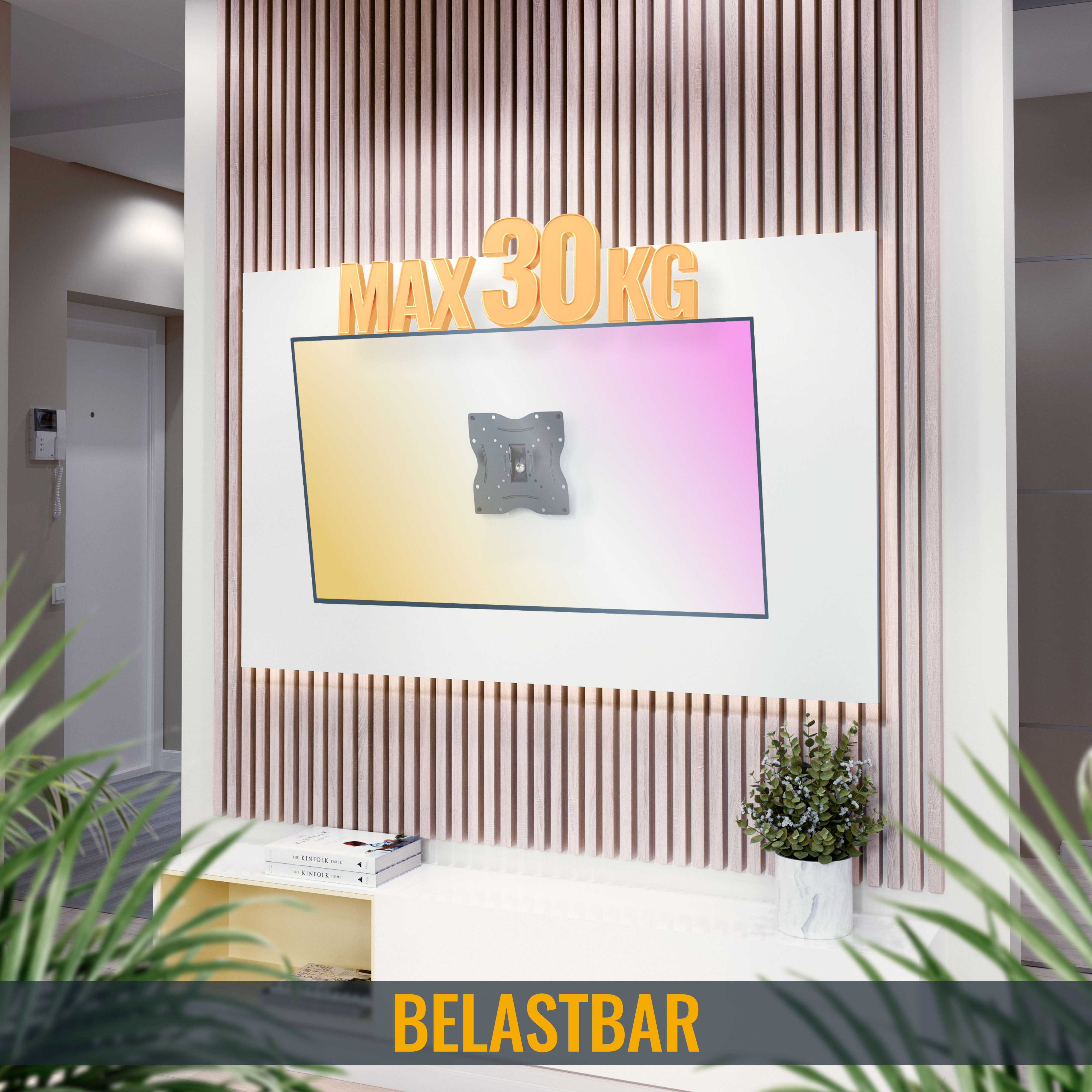 Ein Fernseher ist an einer Wand montiert, mit schwarzer Halterung. Text sagt 'MAX 30KG' und 'BELASTBAR'.