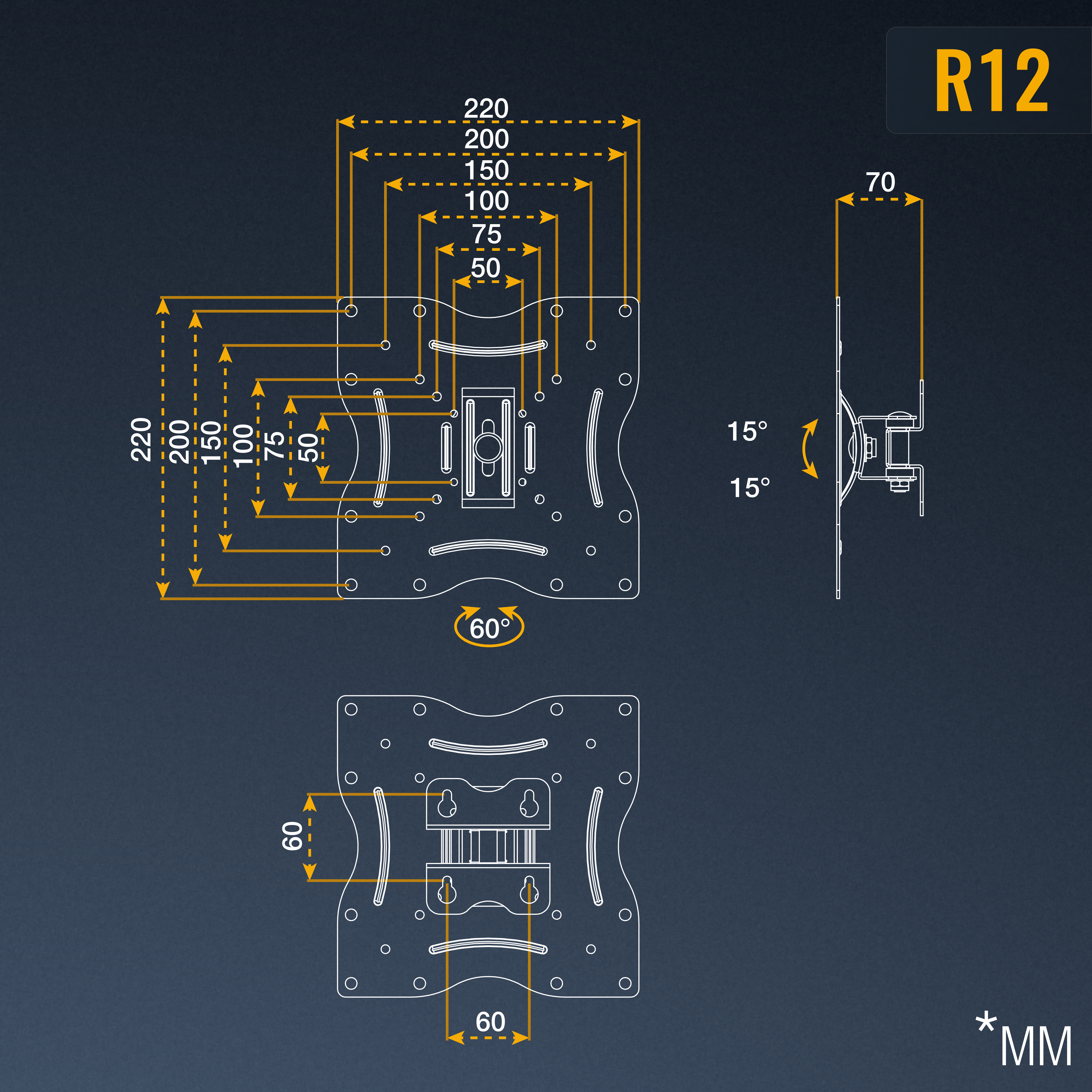 Diagramm einer TV-Wandhalterung mit Maßen und Winkeln. Markiert mit 'R12' und '*MM'.