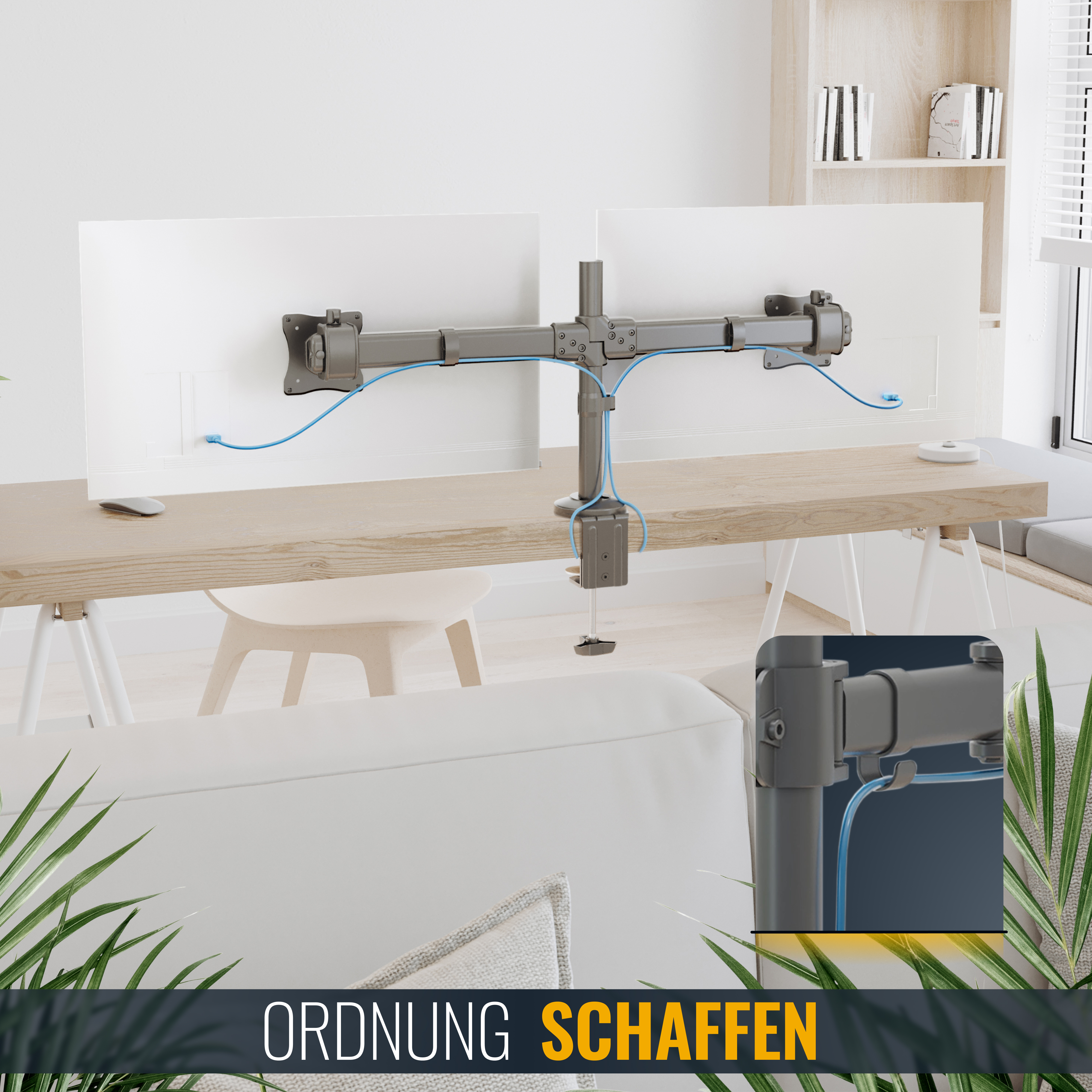 Zwei Monitore sind mit einem Kabelmanagementsystem auf einem Schreibtisch montiert. Text sagt 'ORDNUNG SCHAFFEN'.