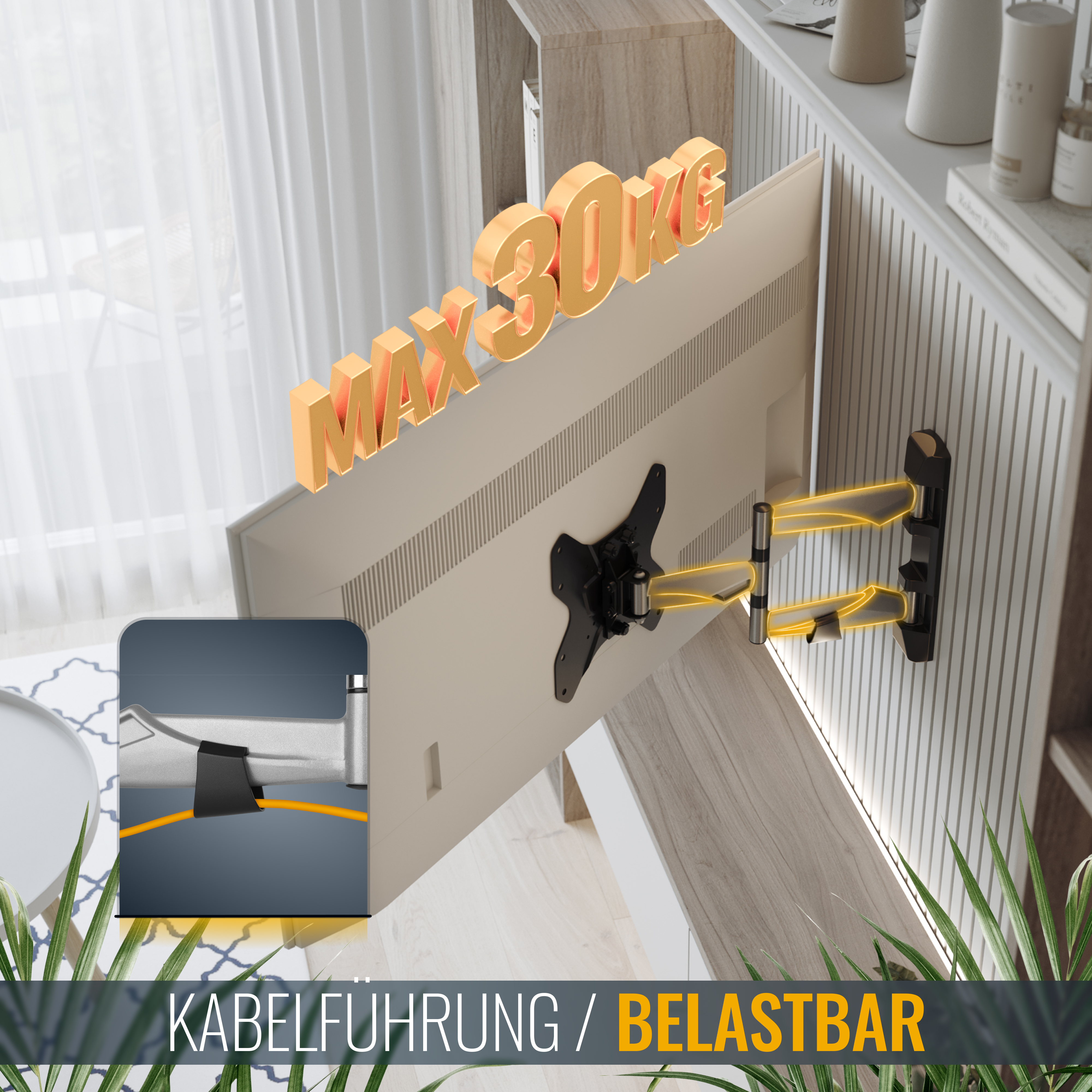 Ein an einer Halterung auf einem Schreibtisch montierter Monitor zeigt ein maximales Gewicht von 15 kg.